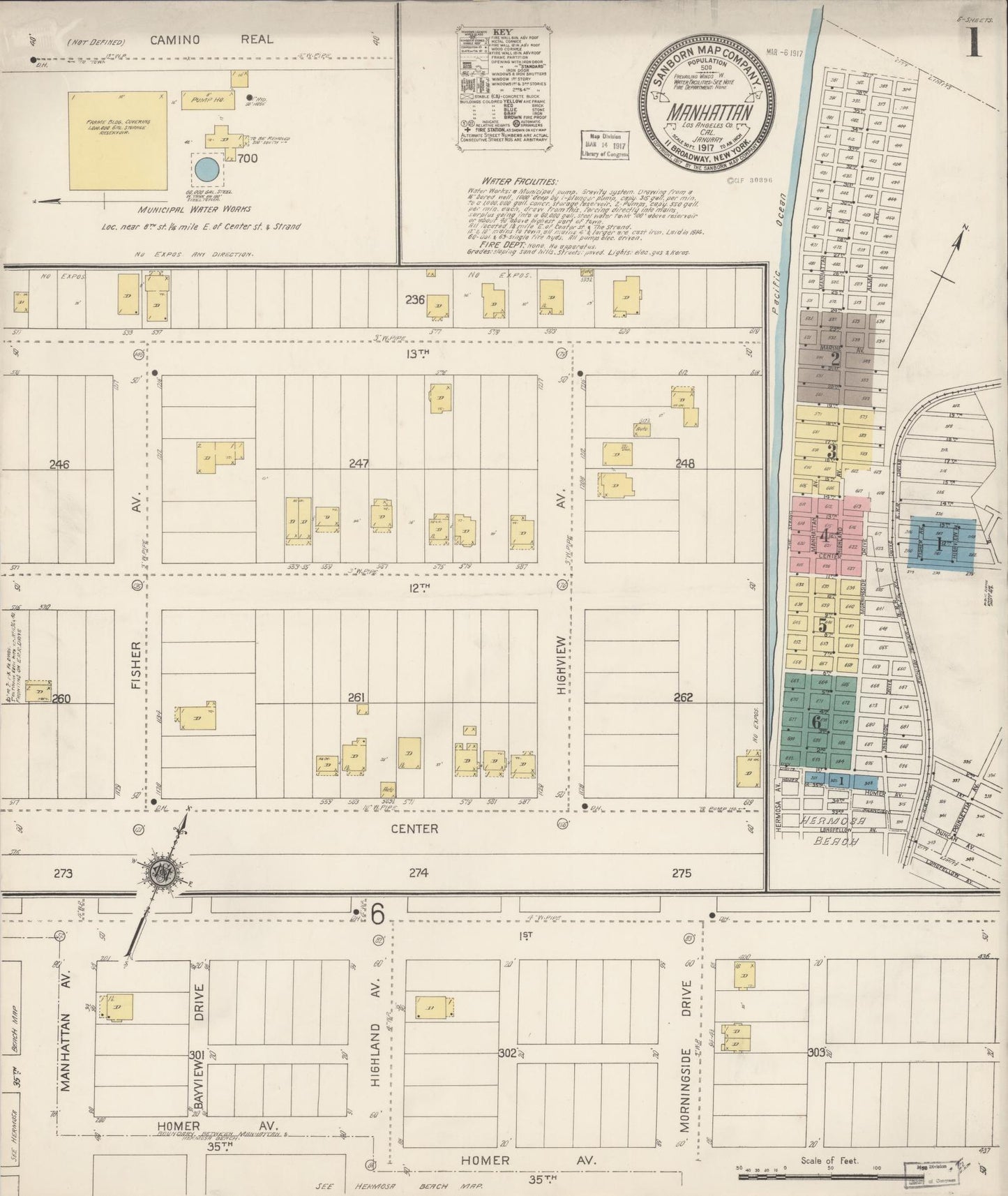 Sanborn Fire Insurance Map from Manhattan Beach, Los Angeles County, California (1917), Sheet #0001 - Historic Sanborn Fire Insurance Map Print, vintage old map wall art, antique decor, genealogy gift, California California map