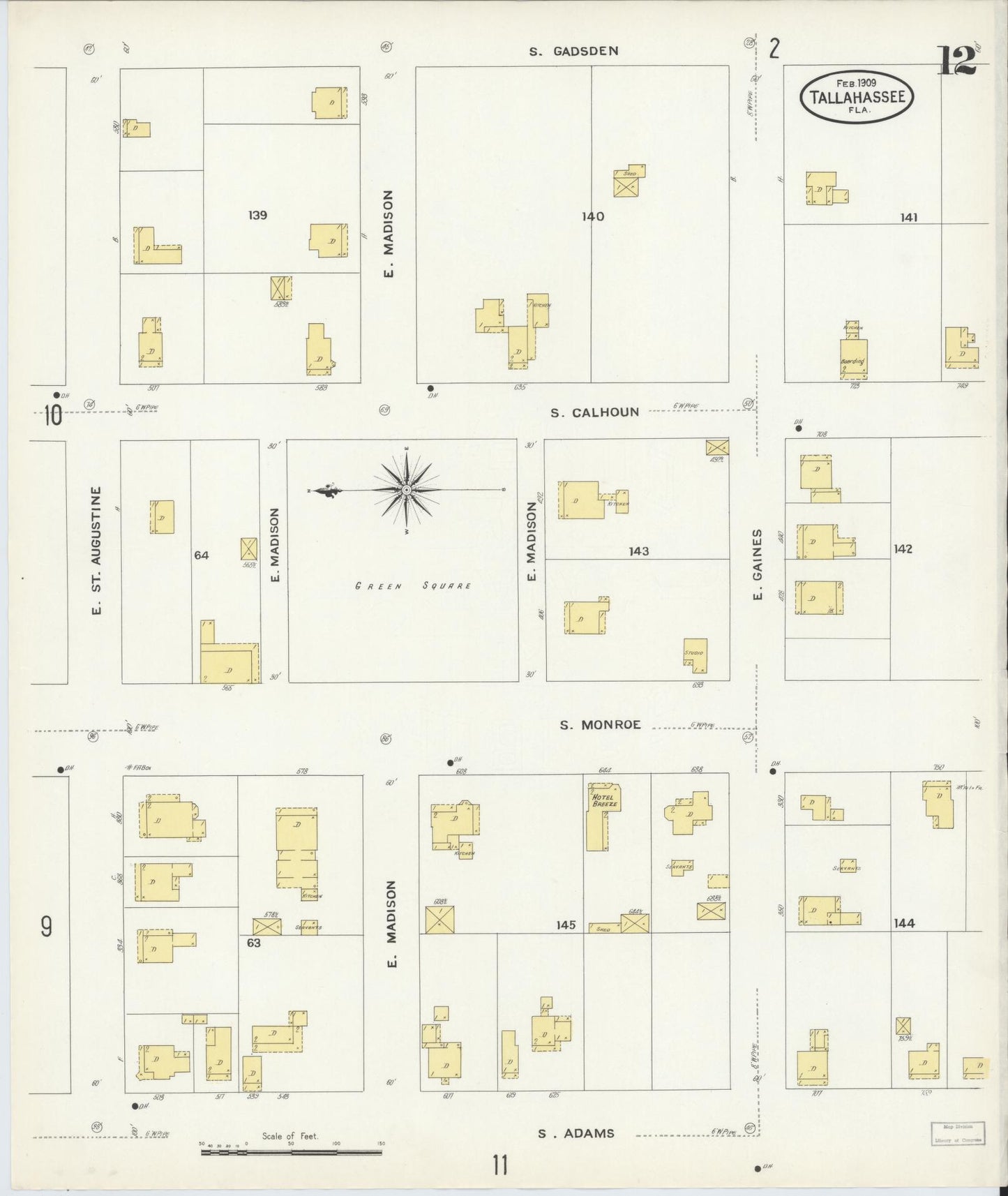 Sanborn Fire Insurance Map from Tallahassee, Leon County, Florida (1909), Sheet #0012 - Complete Map Set gallery image, historic Sanborn map, vintage wall art, Florida Florida