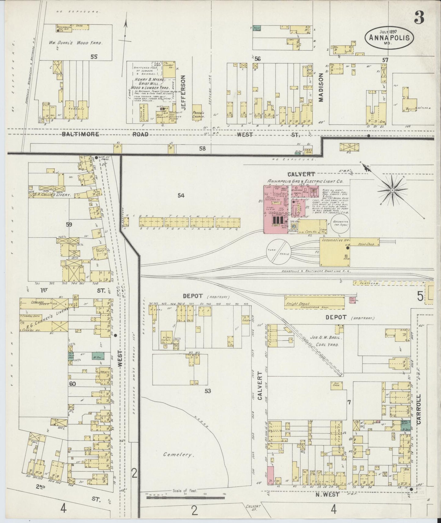 Anne Arundel, Maryland - 1897 - Sanborn Fire Insurance Map, Sheet #0003 - Historic Sanborn Fire Insurance Map Print, Anne Arundel Maryland 1897 0003 vintage old map wall art