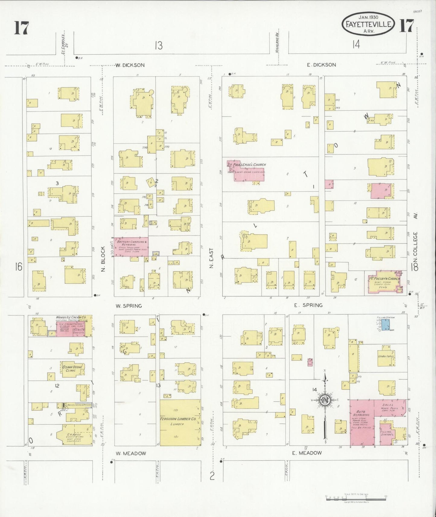 Sanborn Fire Insurance Map from Fayetteville, Washington County, Arkansas (1930), Sheet #0017 - Historic Sanborn Fire Insurance Map Print, vintage old map wall art, antique decor, genealogy gift, Arkansas Arkansas map