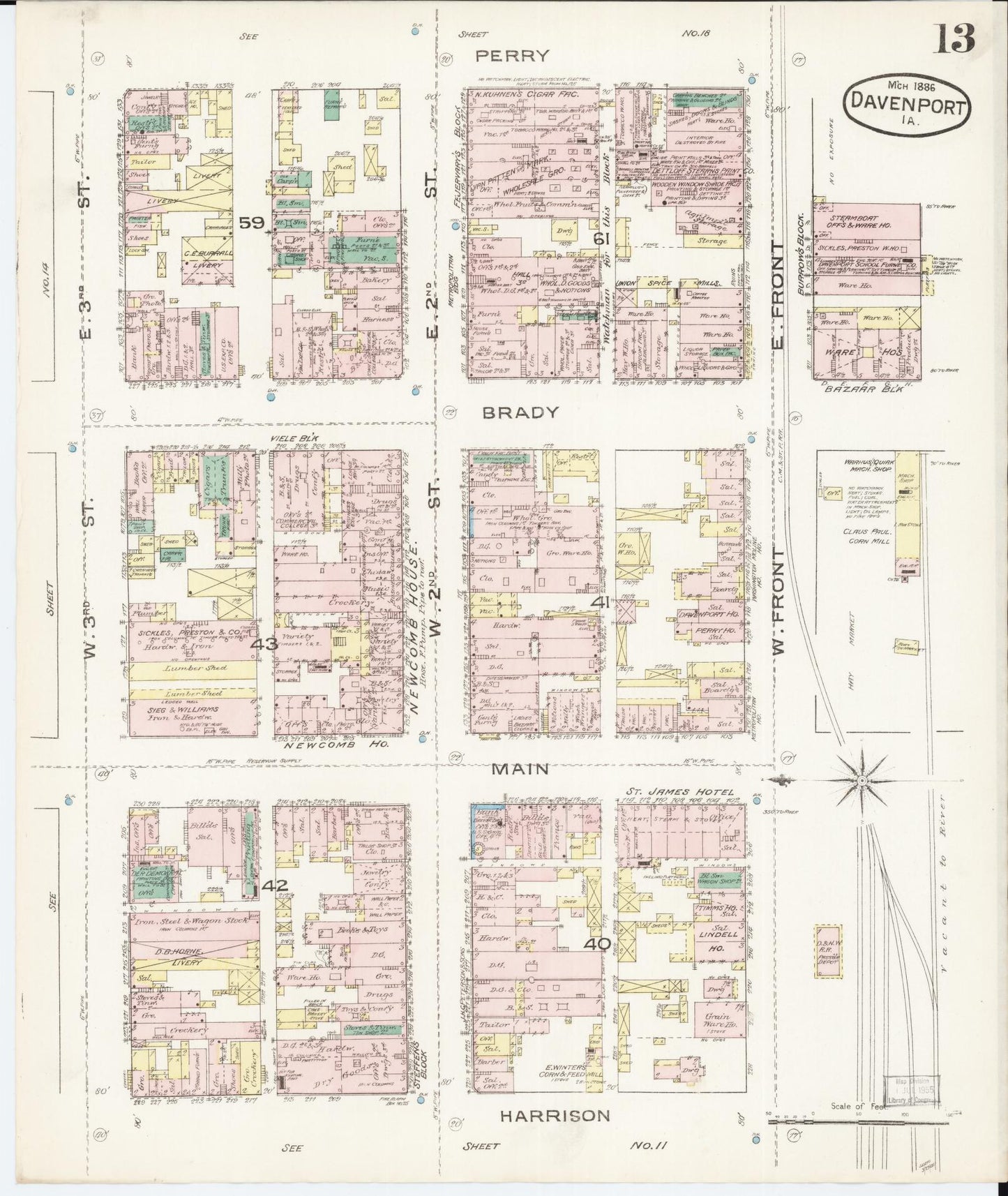 Sanborn Fire Insurance Map from Davenport, Scott County, Iowa (1886), Sheet #0013 - Historic Sanborn Fire Insurance Map Print, vintage old map wall art