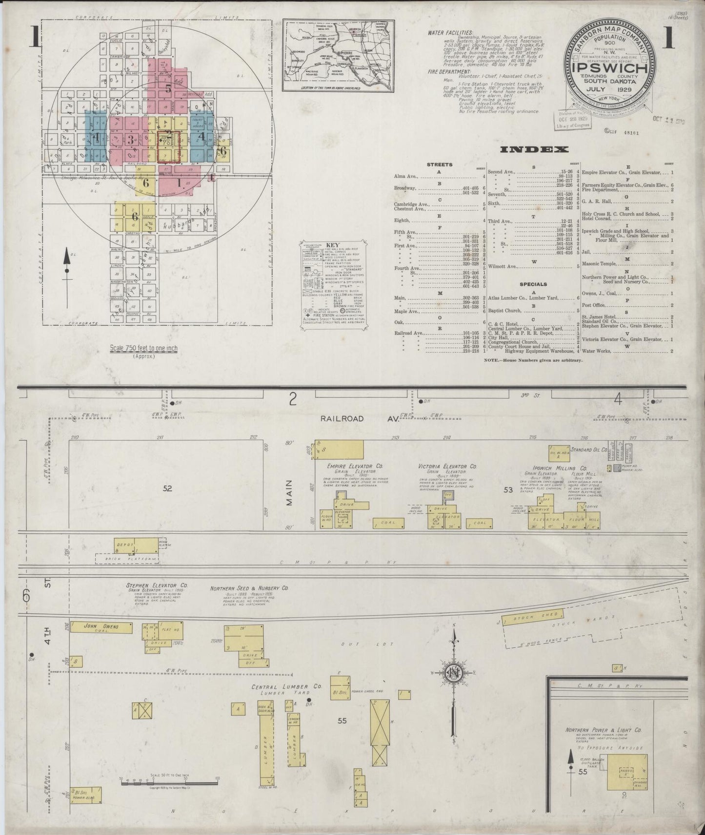 Sanborn Fire Insurance Map from Ipswich, Edmunds County, South Dakota (1929), Sheet #0001 - Historic Sanborn Fire Insurance Map Print, vintage old map wall art, antique decor, genealogy gift, South Dakota South Dakota map