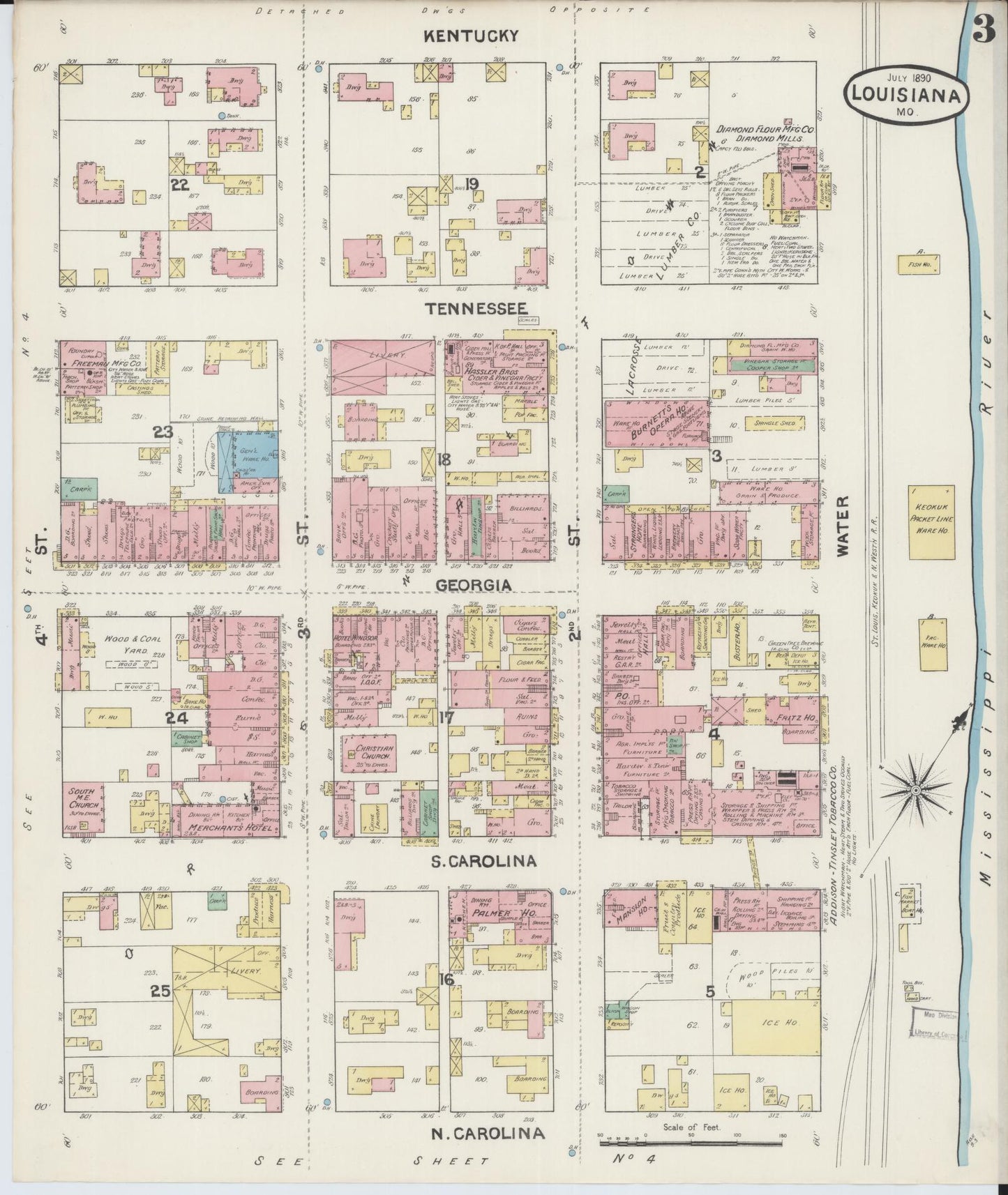 Sanborn Fire Insurance Map from Louisiana, Pike County, Missouri (1890), Sheet #0003 - Historic Sanborn Fire Insurance Map Print, vintage old map wall art, antique decor, genealogy gift, Missouri Missouri map