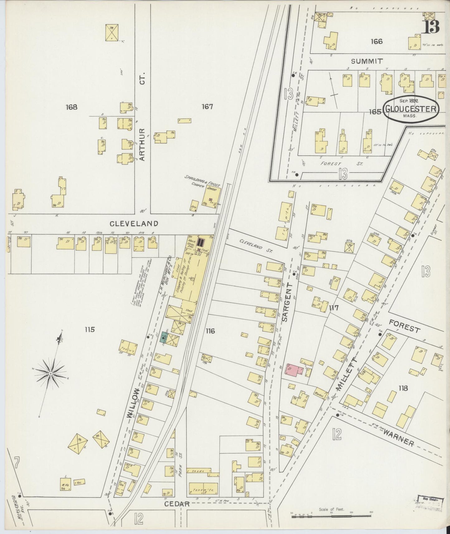 Sanborn Fire Insurance Map from Gloucester, Essex County, Massachusetts (1892), Sheet #0013 - Historic Sanborn Fire Insurance Map Print, vintage old map wall art, antique decor, genealogy gift, Massachusetts Massachusetts map