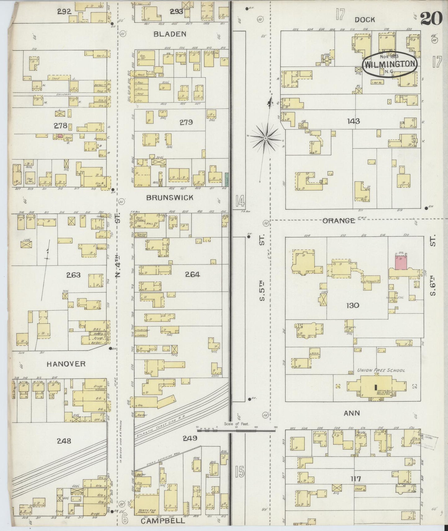 Sanborn Fire Insurance Map from Wilmington, New Hanover County, North Carolina (1893), Sheet #0020 - Historic Sanborn Fire Insurance Map Print, vintage old map wall art, antique decor, genealogy gift, North Carolina North Carolina map