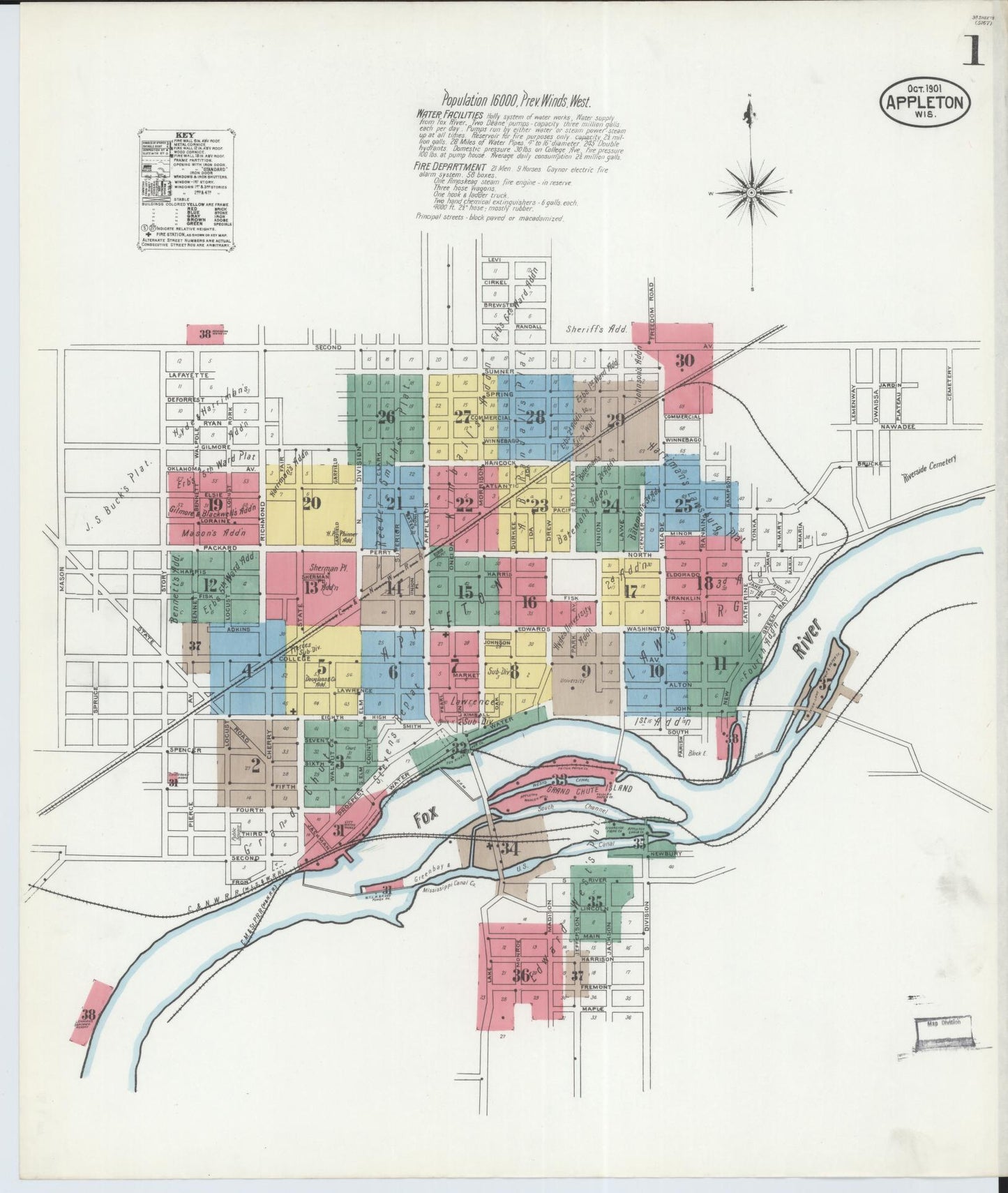 Sanborn Fire Insurance Map from Appleton, Outagamie County, Wisconsin (1901), Sheet #0001 - Historic Sanborn Fire Insurance Map Print, vintage old map wall art, antique decor, genealogy gift, Wisconsin Wisconsin map