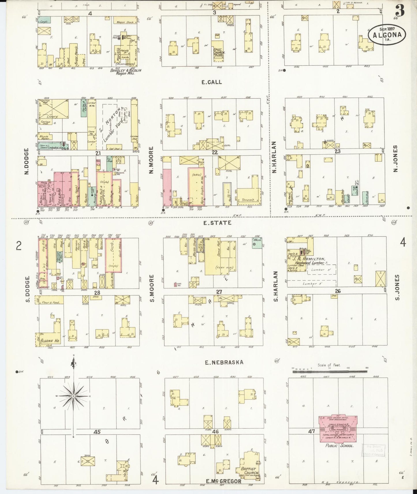 Sanborn Fire Insurance Map from Algona, Kossuth County, Iowa (1897), Sheet #0003 - Historic Sanborn Fire Insurance Map Print, vintage old map wall art