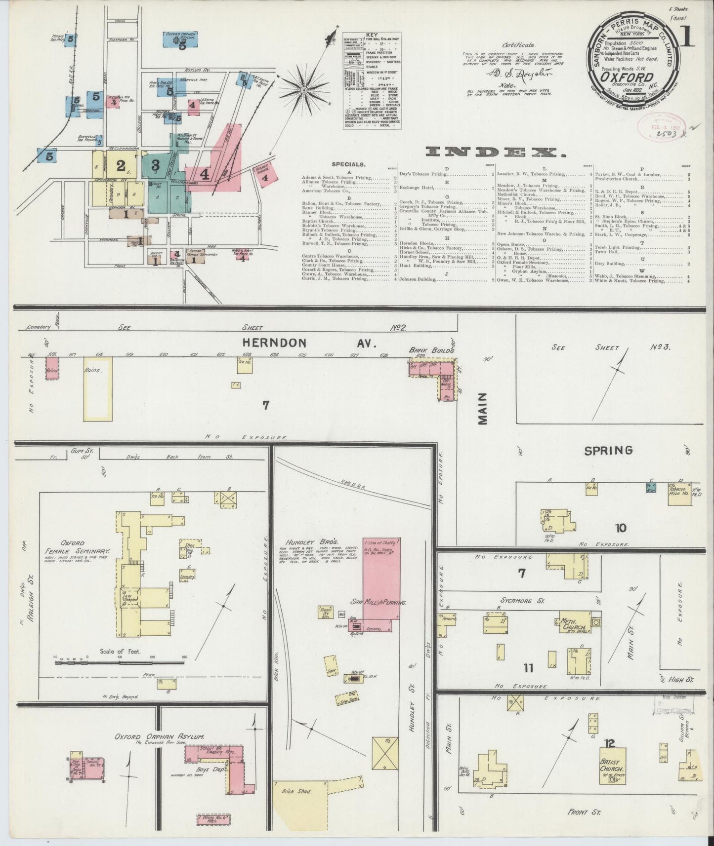 Sanborn Fire Insurance Map from Oxford, Granville County, North Carolina (1892), Sheet #0001 - Historic Sanborn Fire Insurance Map Print, vintage old map wall art, antique decor, genealogy gift, North Carolina North Carolina map