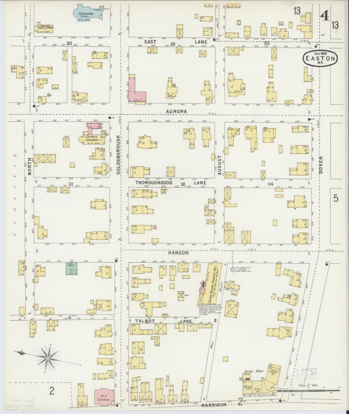 Talbot, Maryland - 1896 - Sanborn Fire Insurance Map, Sheet #0004 - Historic Sanborn Fire Insurance Map Print, Talbot Maryland 1896 0004 vintage old map wall art