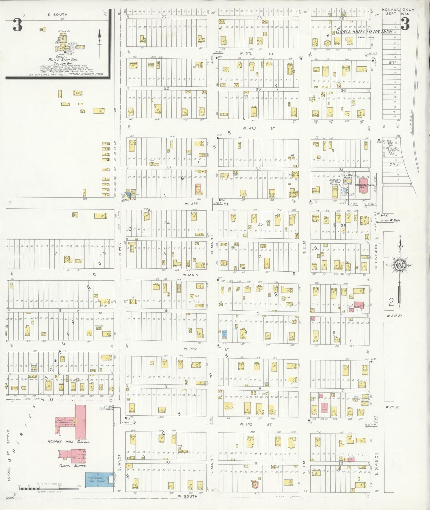 Sanborn Fire Insurance Map from Konawa, Seminode County, Oklahoma (1936), Sheet #0003 - Complete Map Set gallery image, historic Sanborn map, vintage wall art, Oklahoma Oklahoma