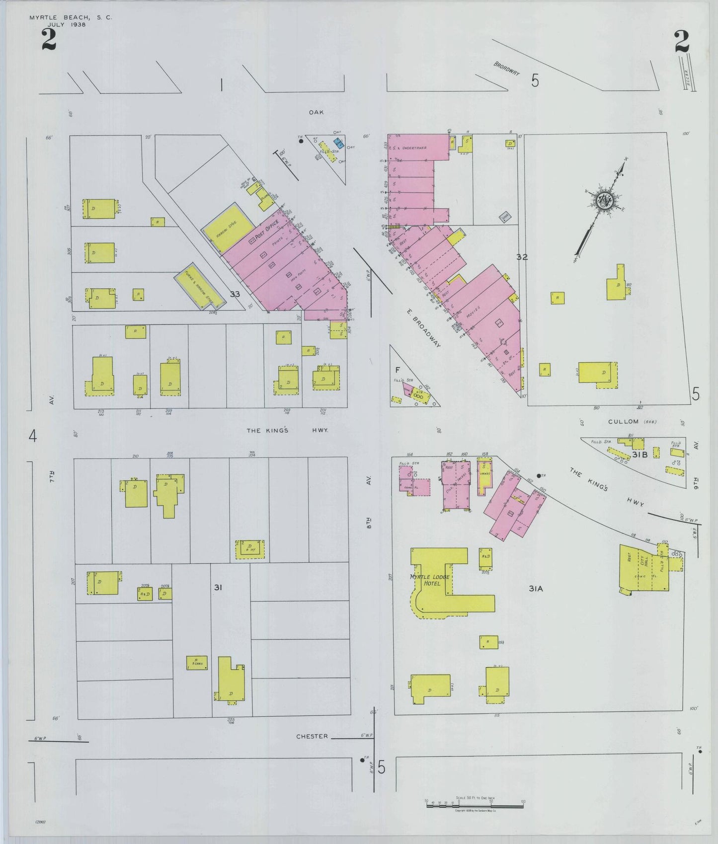 Sanborn Fire Insurance Map from Myrtle Beach, Horry County, South Carolina (1938), Sheet #0002 - Historic Sanborn Fire Insurance Map Print, vintage old map wall art, antique decor, genealogy gift, South Carolina South Carolina map
