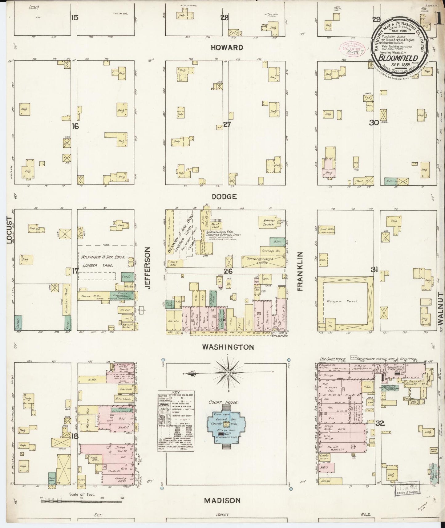 Sanborn Fire Insurance Map from Bloomfield, Davis County, Iowa (1888), Sheet #0001 - Historic Sanborn Fire Insurance Map Print, vintage old map wall art