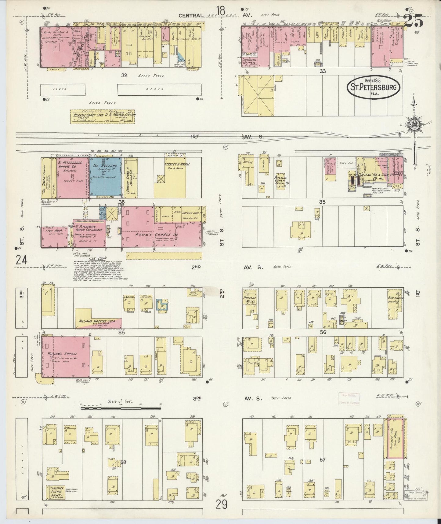 Sanborn Fire Insurance Map from Saint Petersburg, Pinellas County, Florida (1913), Sheet #0025 - Historic Sanborn Fire Insurance Map Print, vintage old map wall art, antique decor, genealogy gift, Florida Florida map