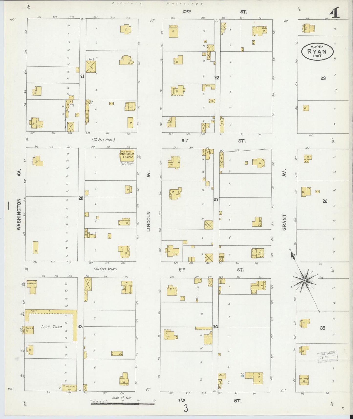 Sanborn Fire Insurance Map from Ryan, Jefferson County, Oklahoma (1902), Sheet #0004 - Historic Sanborn Fire Insurance Map Print, vintage old map wall art, antique decor, genealogy gift, Oklahoma Oklahoma map