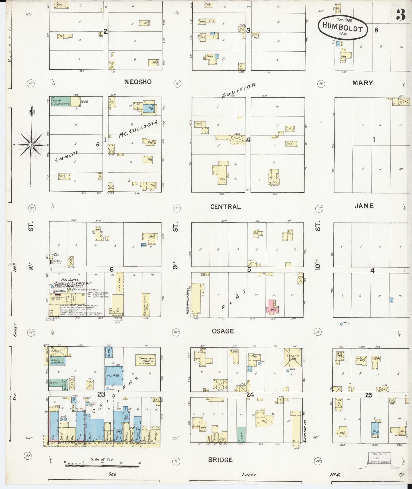 Sanborn Fire Insurance Map from Humboldt, Allen County, Kansas (1888), Sheet #0003 - Historic Sanborn Fire Insurance Map Print, vintage old map wall art, antique decor, genealogy gift, Kansas Kansas map