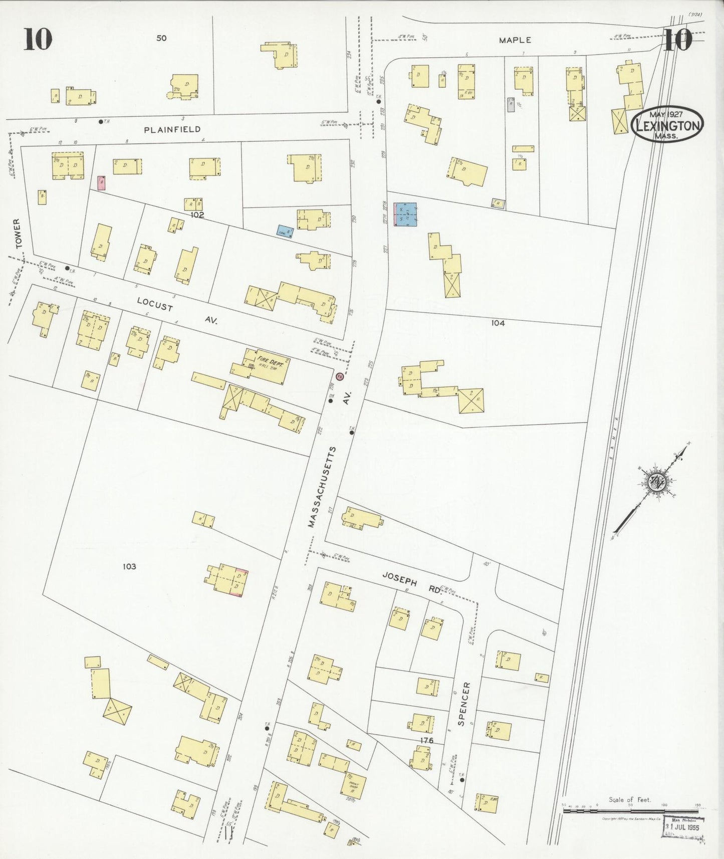 Sanborn Fire Insurance Map from Lexington, Middlesex County, Massachusetts (1927), Sheet #0010 - Historic Sanborn Fire Insurance Map Print, vintage old map wall art, antique decor, genealogy gift, Massachusetts Massachusetts map