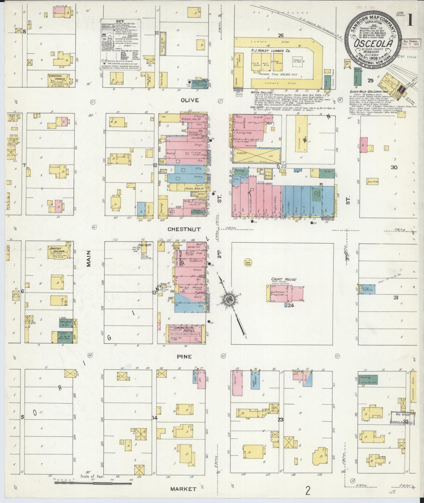 Sanborn Fire Insurance Map from Osceola, Saint Clair County, Missouri (1909), Sheet #0001 - Historic Sanborn Fire Insurance Map Print, vintage old map wall art, antique decor, genealogy gift, Missouri Missouri map