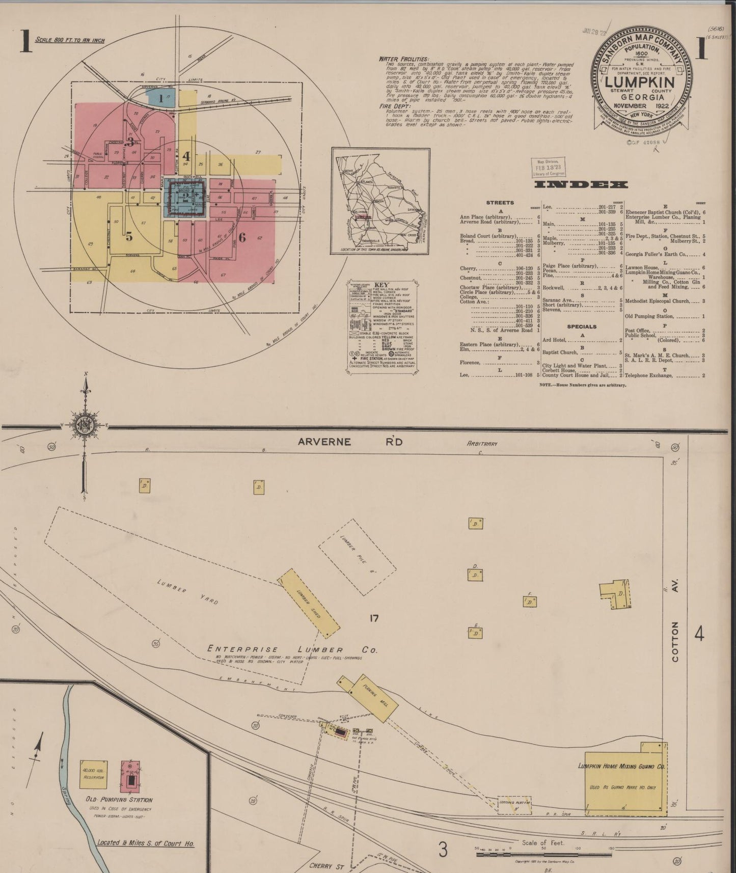 Sanborn Fire Insurance Map from Lumpkin, Stewart County, Georgia (1922), Sheet #0001 - Historic Sanborn Fire Insurance Map Print, vintage old map wall art, antique decor, genealogy gift, Georgia Georgia map