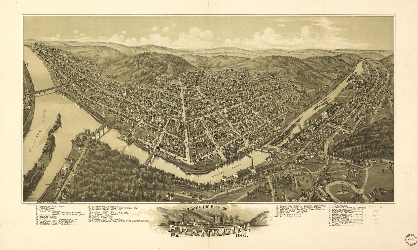 View of the city of Franklin, Pa., 1901. (1901) – Historic Bird’s-Eye View Panorama Print
