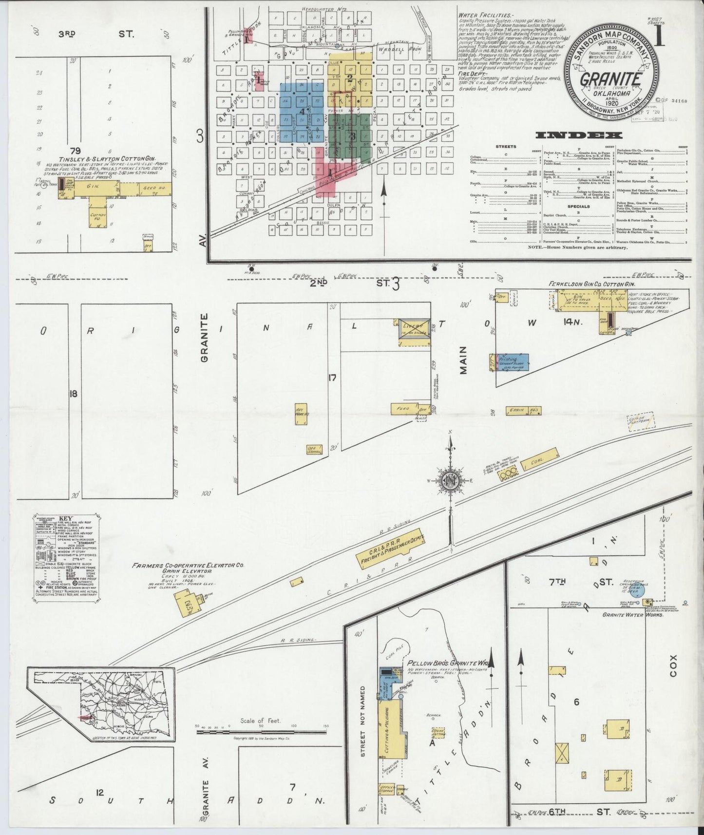 Sanborn Fire Insurance Map from Granite, Greer County, Oklahoma (1920), Sheet #0001 - Historic Sanborn Fire Insurance Map Print, vintage old map wall art, antique decor, genealogy gift, Oklahoma Oklahoma map