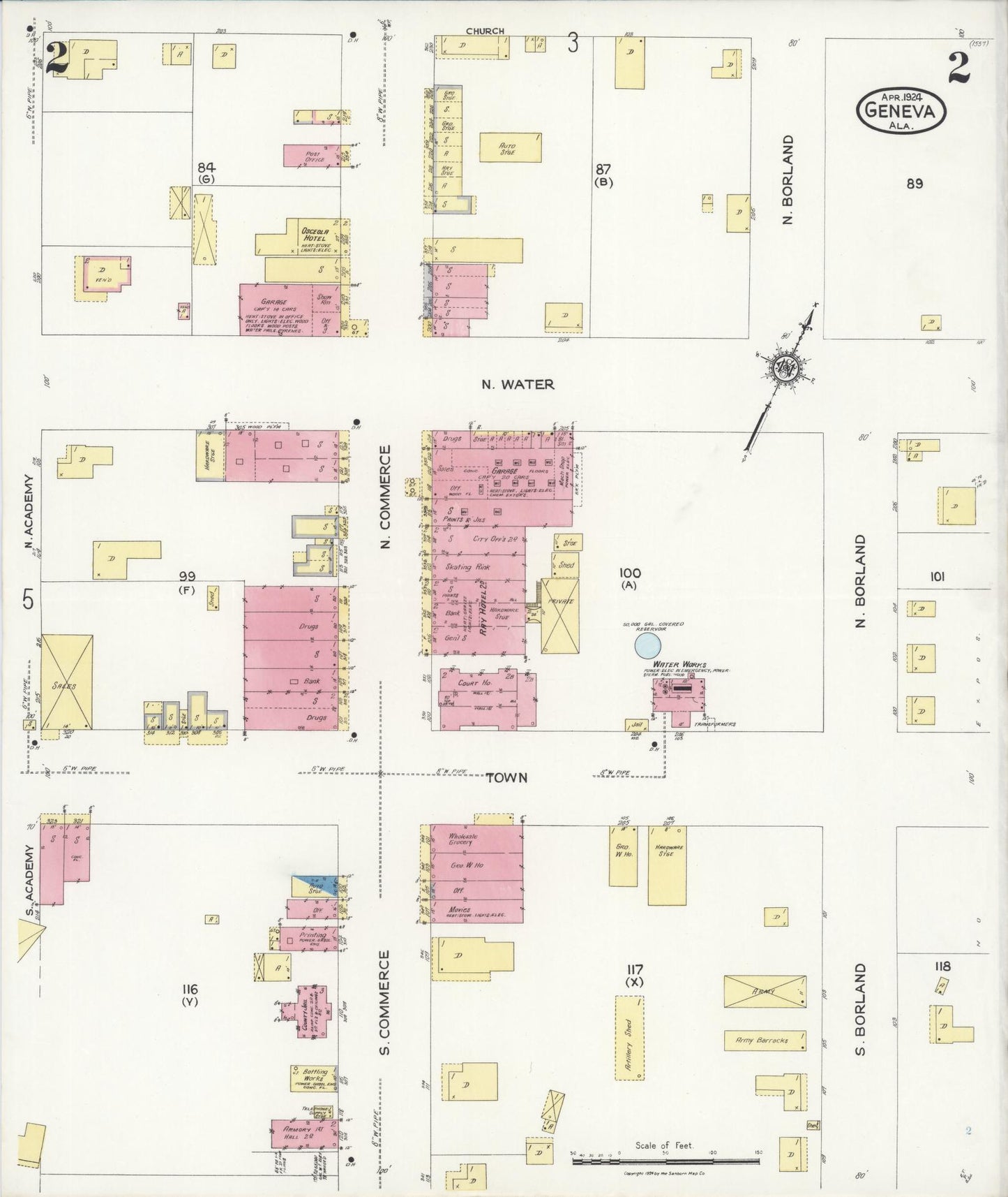 Sanborn Fire Insurance Map from Geneva, Geneva County, Alabama (1924), Sheet #0002 - Historic Sanborn Fire Insurance Map Print, vintage old map wall art, antique decor, genealogy gift, Alabama Alabama map