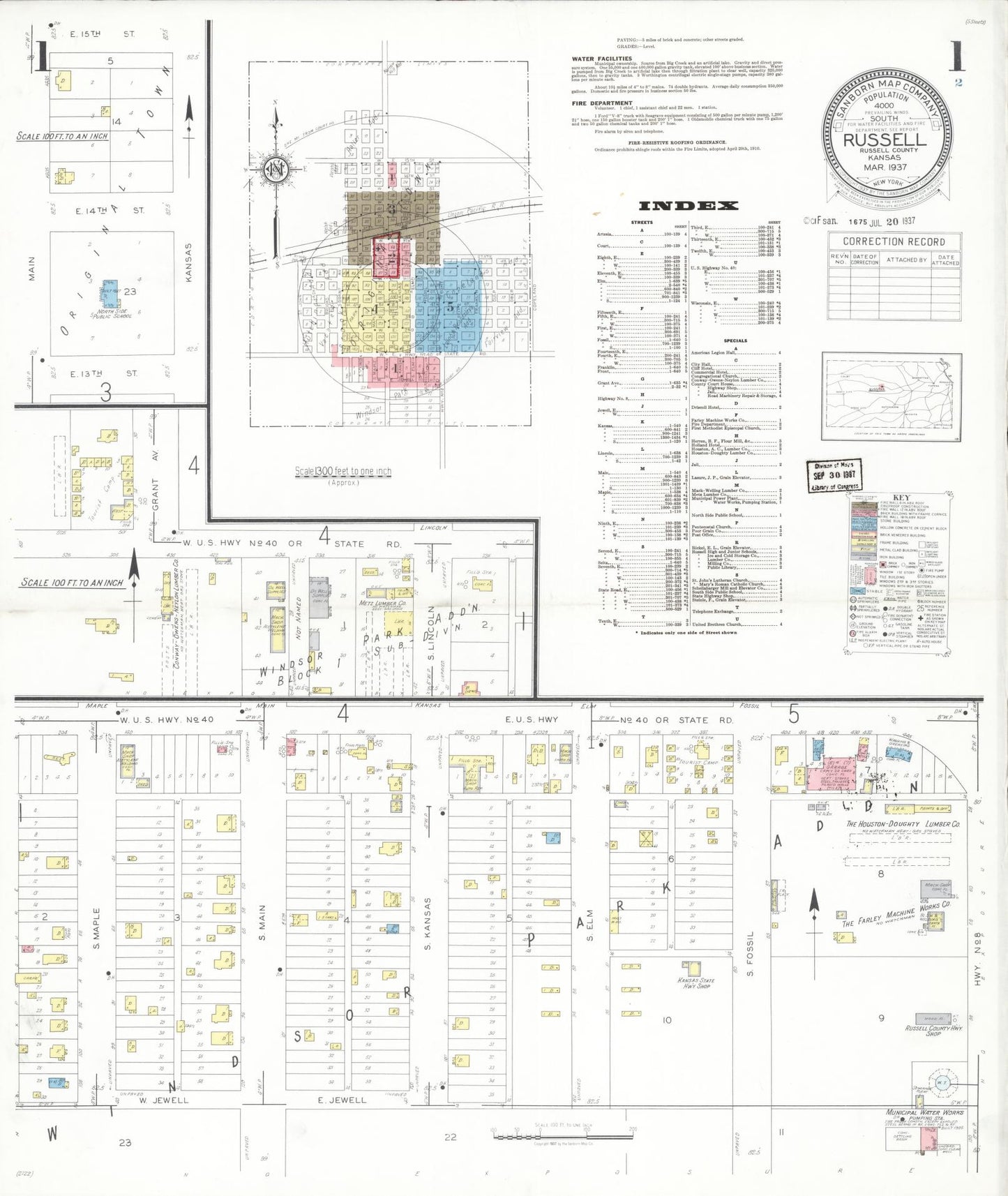 Sanborn Fire Insurance Map from Russell, Russell County, Kansas (1937), Sheet #0001 - Historic Sanborn Fire Insurance Map Print, vintage old map wall art, antique decor, genealogy gift, Kansas Kansas map