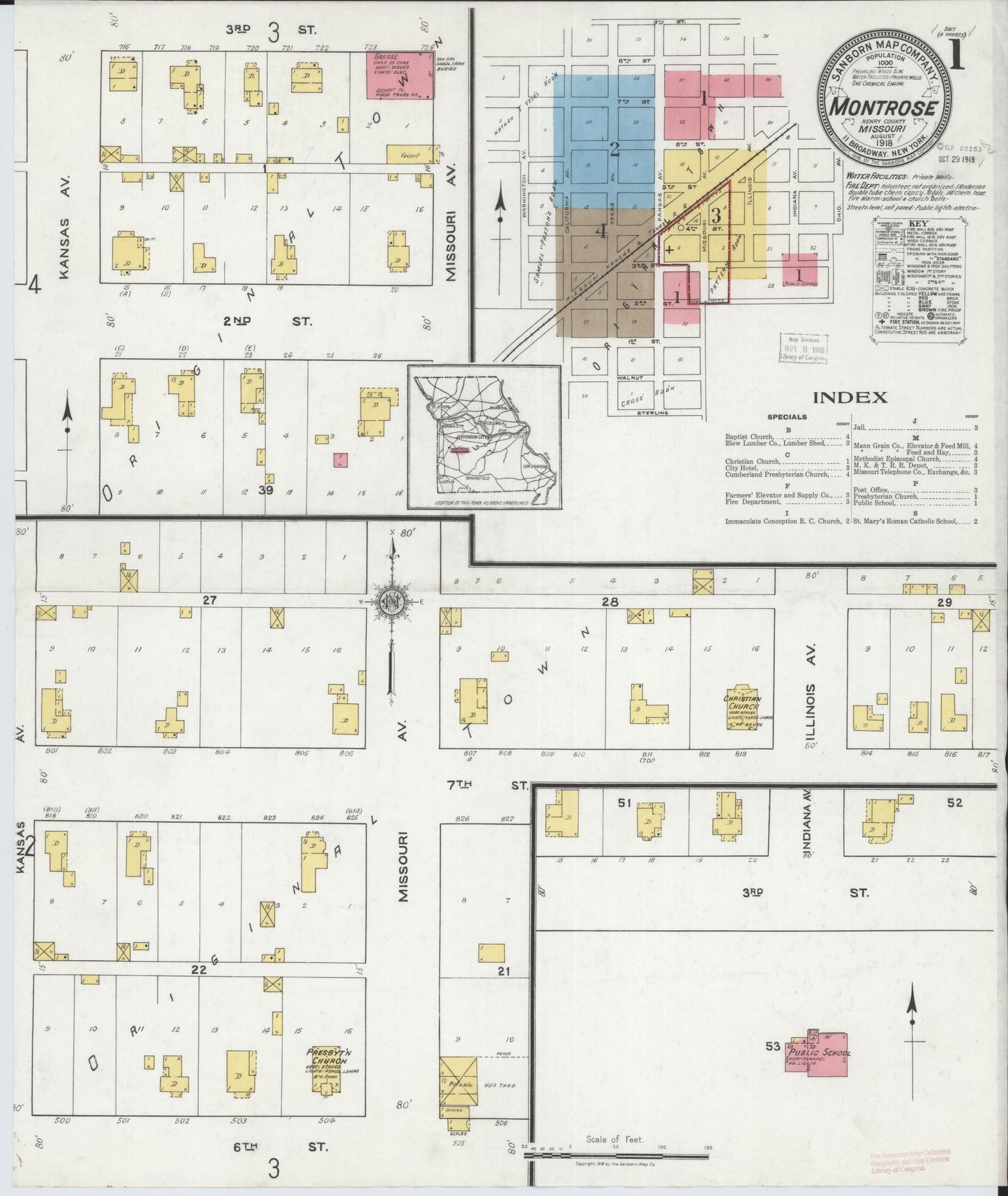 Sanborn Fire Insurance Map from Montrose, Henry County, Missouri (1918), Sheet #0001 - Historic Sanborn Fire Insurance Map Print, vintage old map wall art, antique decor, genealogy gift, Missouri Missouri map