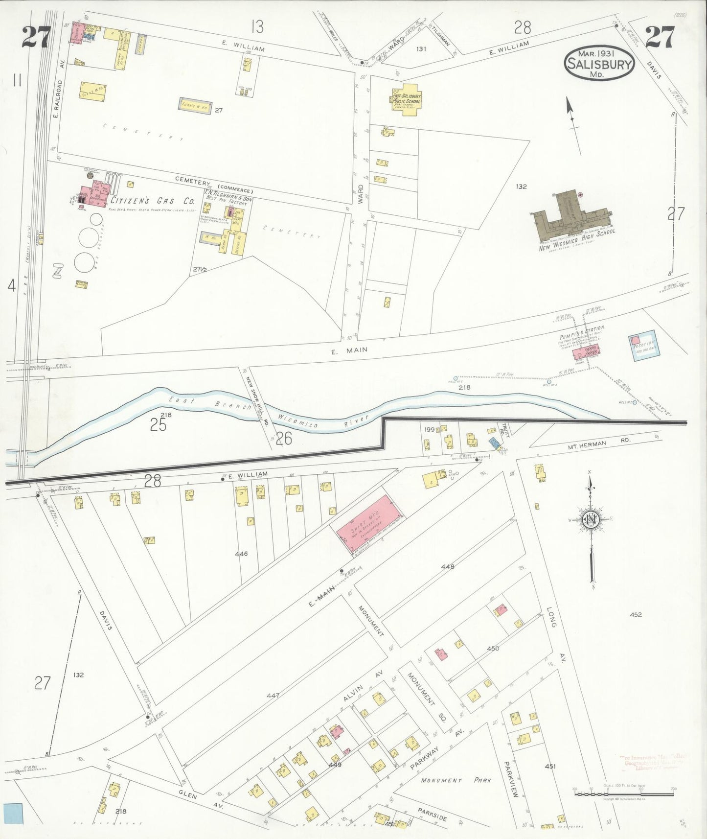 Sanborn Fire Insurance Map from Salisbury, Wicomico County, Maryland (1931), Sheet #0027 - Historic Sanborn Fire Insurance Map Print, vintage old map wall art