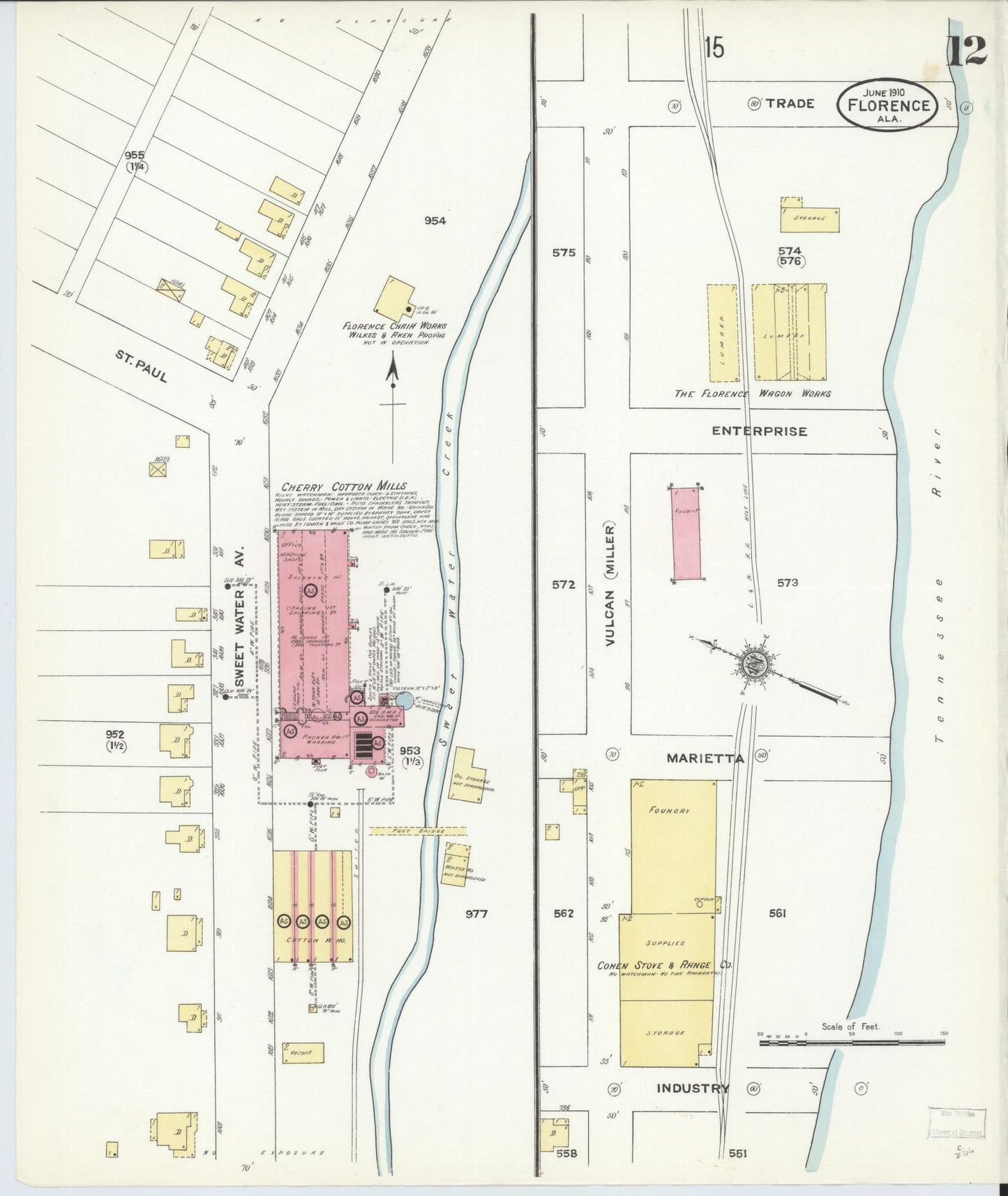 Sanborn Fire Insurance Map from Florence, Lauderdale County, Alabama (1910), Sheet #0012 - Historic Sanborn Fire Insurance Map Print, vintage old map wall art, antique decor, genealogy gift, Alabama Alabama map