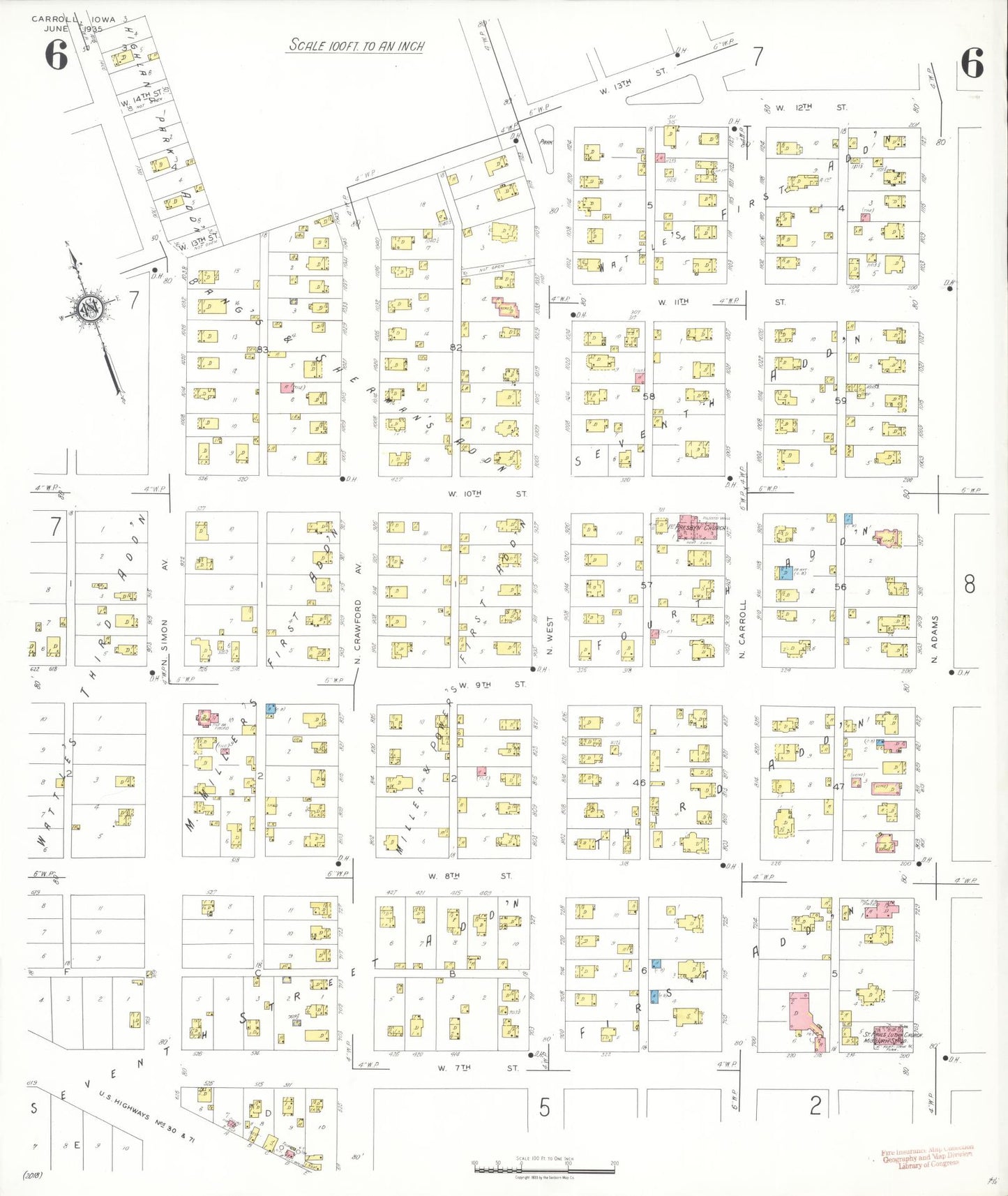 Sanborn Fire Insurance Map from Carroll, Carroll County, Iowa (1935), Sheet #0006 - Historic Sanborn Fire Insurance Map Print, vintage old map wall art