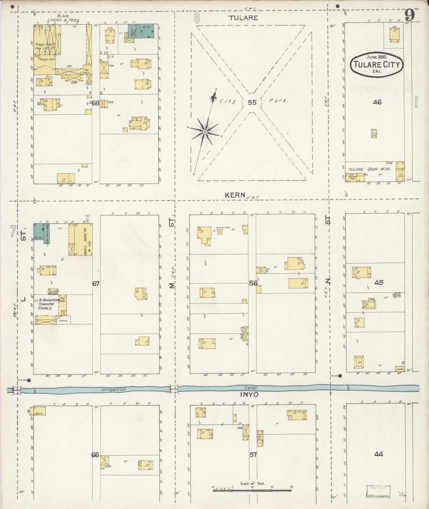 Sanborn Fire Insurance Map from Tulare, Tulare County, California (1892), Sheet #0009 - Complete Map Set gallery image, historic Sanborn map, vintage wall art, California California