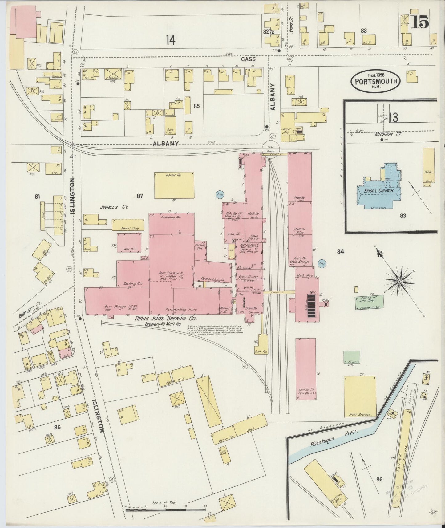 Sanborn Fire Insurance Map from Portsmouth, Rockingham County, New Hampshire (1898), Sheet #0015 - Historic Sanborn Fire Insurance Map Print, vintage old map wall art, antique decor, genealogy gift, New Hampshire New Hampshire map
