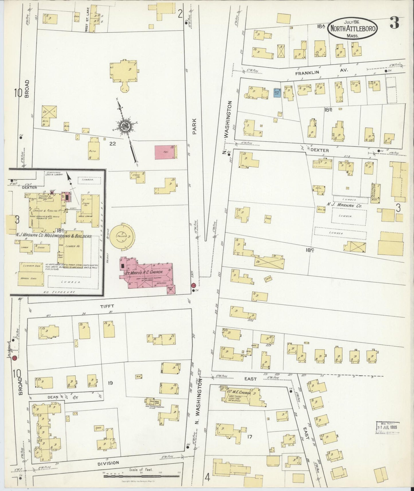 Sanborn Fire Insurance Map from North Attleborough, Bristol County, Massachusetts (1916), Sheet #0003 - Historic Sanborn Fire Insurance Map Print, vintage old map wall art, antique decor, genealogy gift, Massachusetts Massachusetts map