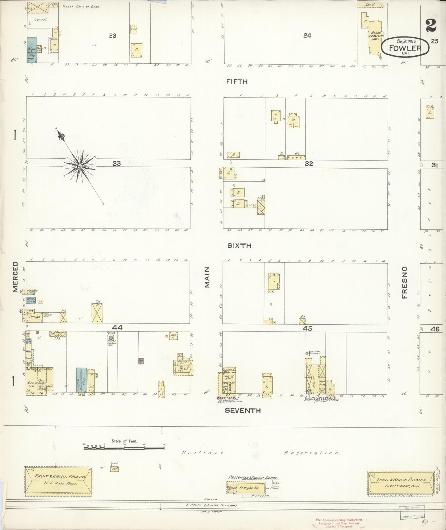 Sanborn Fire Insurance Map from Fowler, Fresno County, California (1896), Sheet #0002 - Historic Sanborn Fire Insurance Map Print, vintage old map wall art, antique decor, genealogy gift, California California map