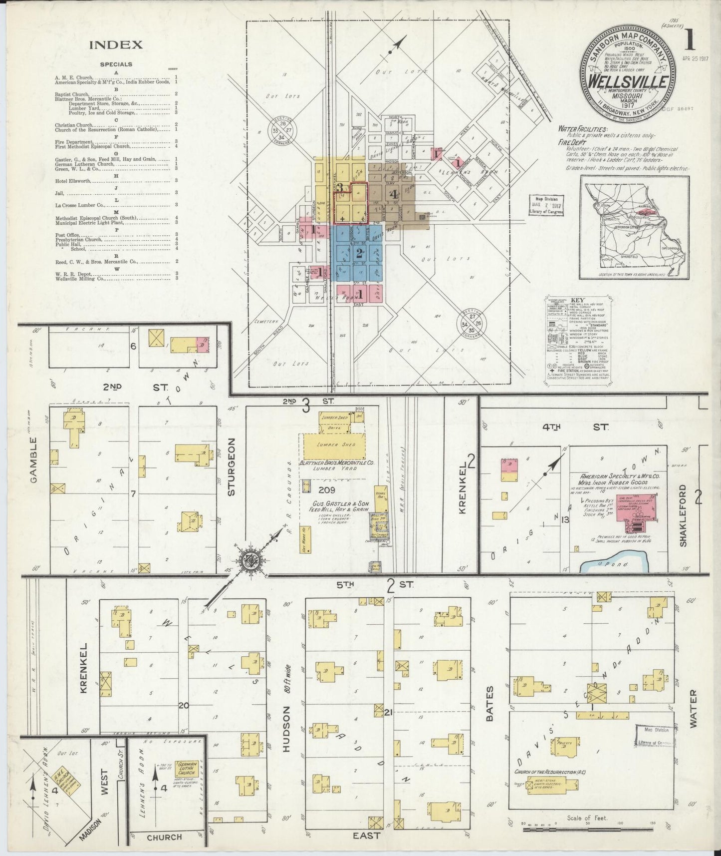 Sanborn Fire Insurance Map from Wellsville, Montgomery County, Missouri (1917), Sheet #0001 - Historic Sanborn Fire Insurance Map Print, vintage old map wall art, antique decor, genealogy gift, Missouri Missouri map