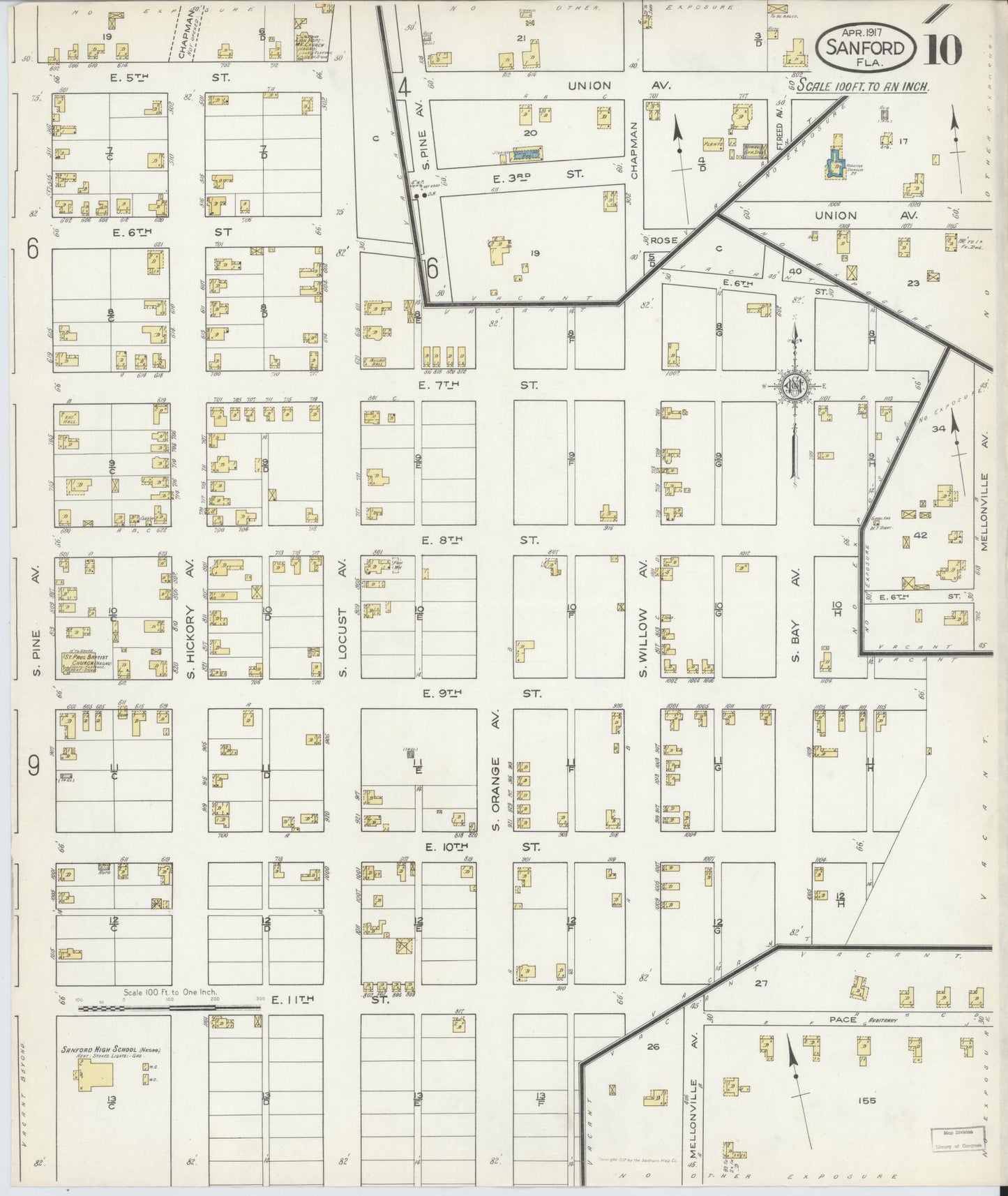 Sanborn Fire Insurance Map from Sanford, Seminole County, Florida (1917), Sheet #0010 - Historic Sanborn Fire Insurance Map Print, vintage old map wall art, antique decor, genealogy gift, Florida Florida map