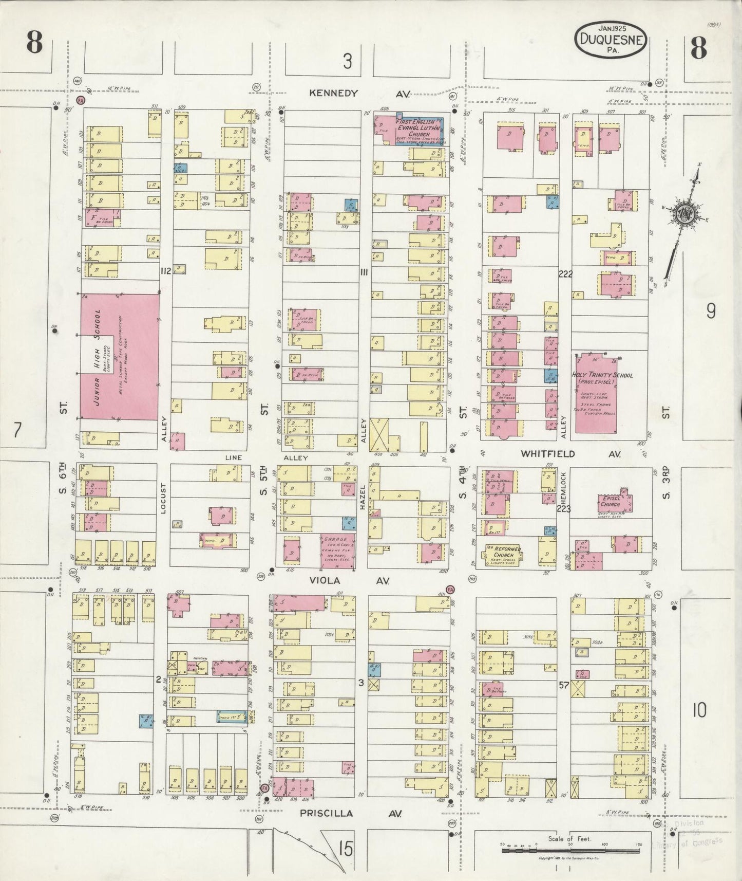 Sanborn Fire Insurance Map from Duquesne, Allegheny County, Pennsylvania (1925), Sheet #0008 - Historic Sanborn Fire Insurance Map Print, vintage old map wall art, antique decor, genealogy gift, Pennsylvania Pennsylvania map