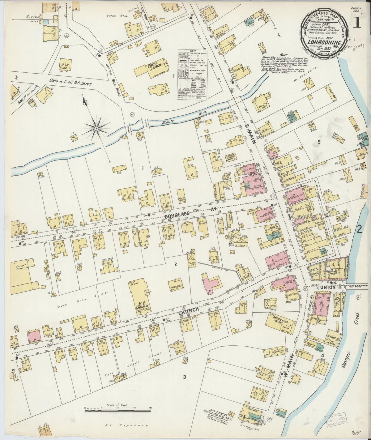 Sanborn Fire Insurance Map from Lonaconing, Allegany County, Maryland (1897), Sheet #0001 - Historic Sanborn Fire Insurance Map Print, vintage old map wall art, antique decor, genealogy gift, Maryland Maryland map