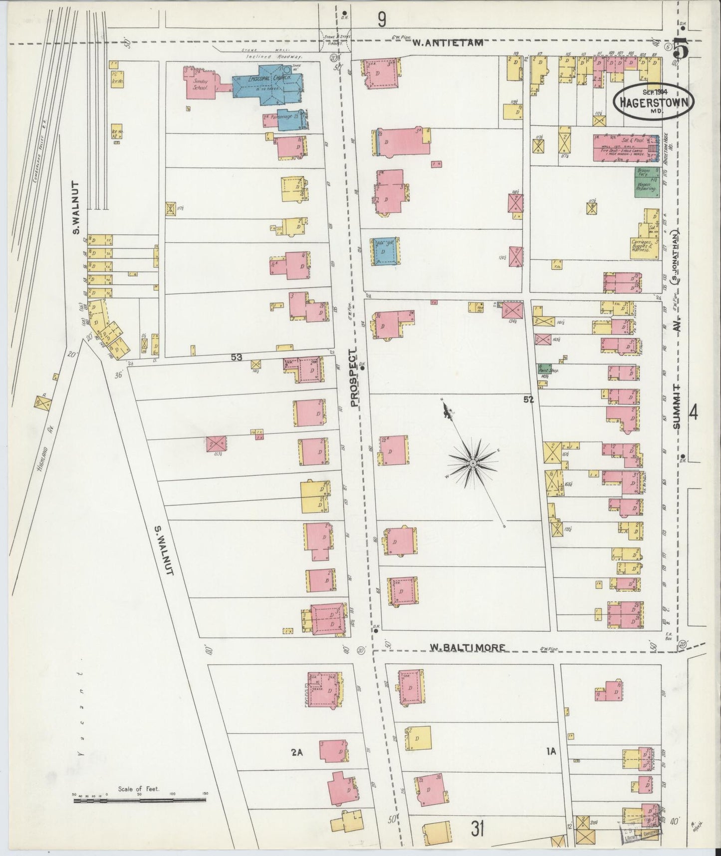 Washington, Maryland - 1904 - Sanborn Fire Insurance Map, Sheet #0005 - Historic Sanborn Fire Insurance Map Print, Washington Maryland 1904 0005 vintage old map wall art