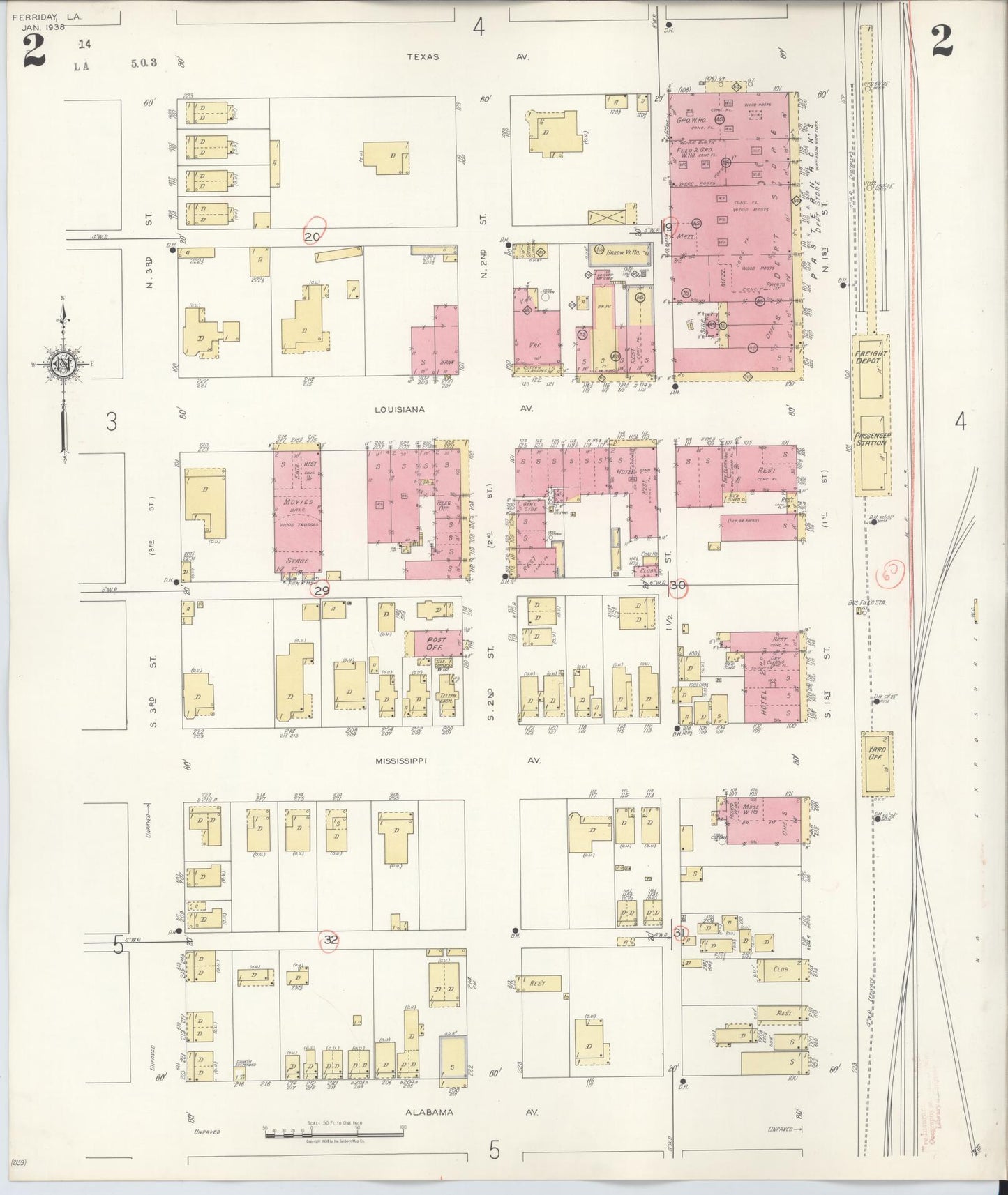 Sanborn Fire Insurance Map from Ferriday, Concordia Parish, Louisiana (1938), Sheet #0002 - Historic Sanborn Fire Insurance Map Print, vintage old map wall art, antique decor, genealogy gift, Louisiana Louisiana map
