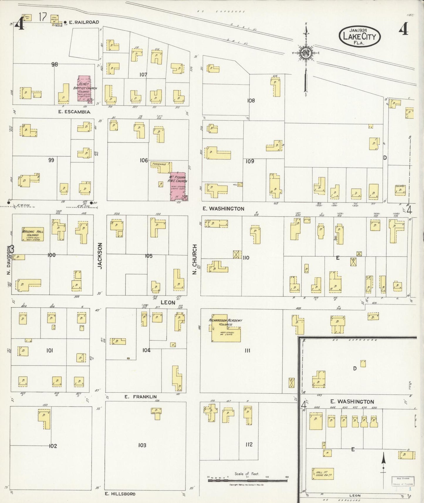 Sanborn Fire Insurance Map from Lake City, Columbia County, Florida (1924), Sheet #0004 - Historic Sanborn Fire Insurance Map Print, vintage old map wall art, antique decor, genealogy gift, Florida Florida map