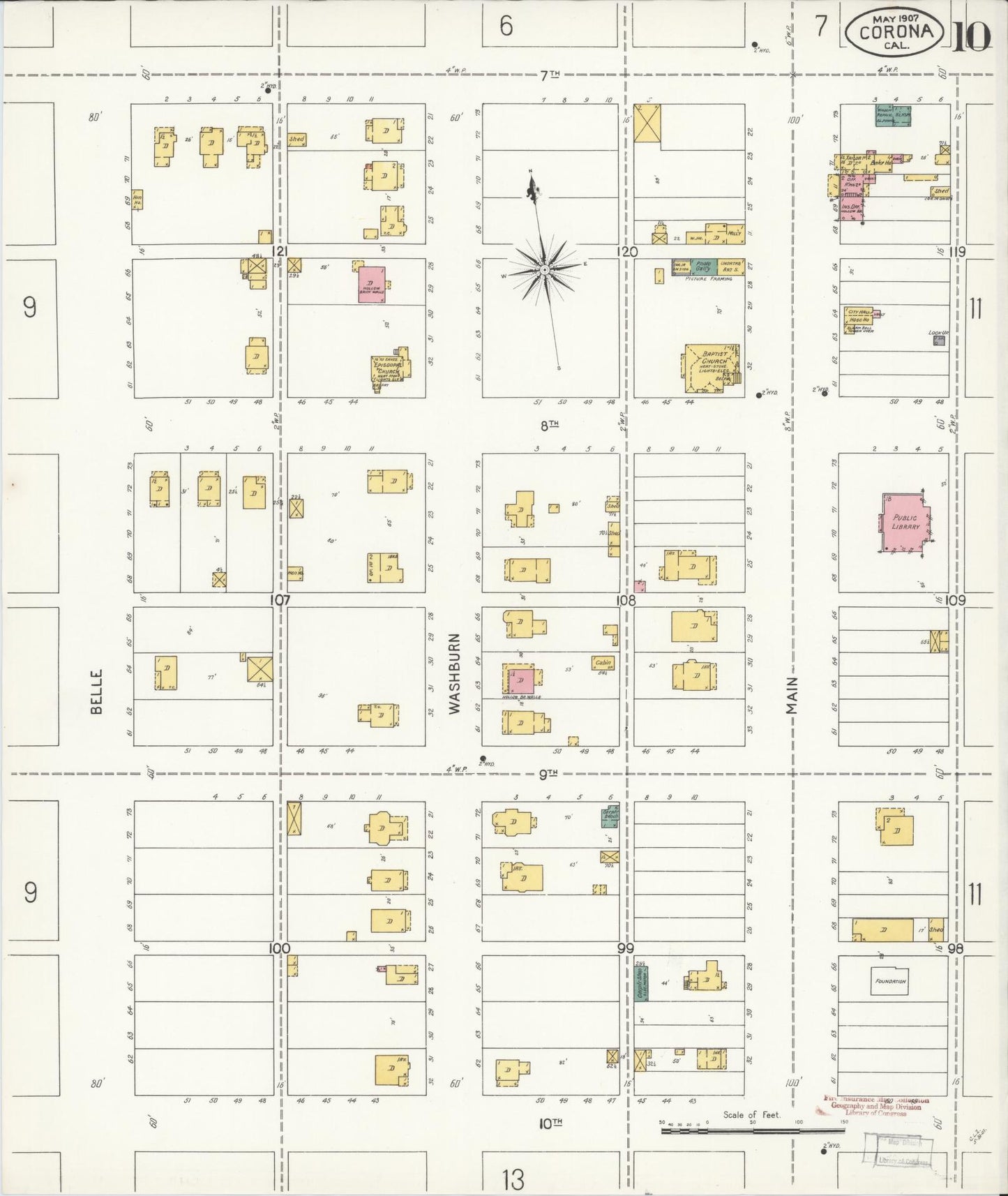 Sanborn Fire Insurance Map from Corona, Riverside County, California (1907), Sheet #0010 - Historic Sanborn Fire Insurance Map Print, vintage old map wall art, antique decor, genealogy gift, California California map
