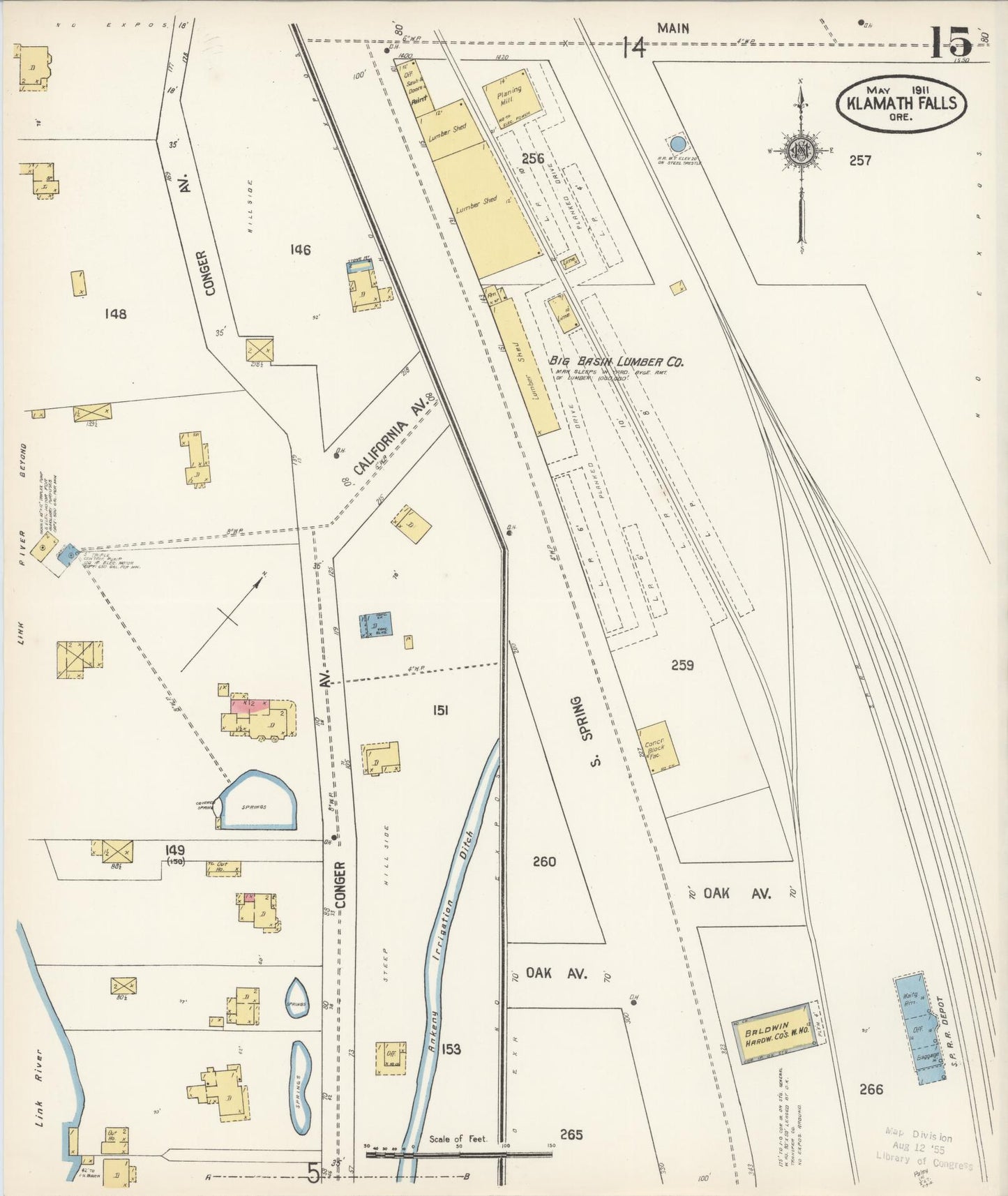 Sanborn Fire Insurance Map from Klamath Falls, Klamath County, Oregon (1911), Sheet #0015 - Historic Sanborn Fire Insurance Map Print, vintage old map wall art, antique decor, genealogy gift, Oregon Oregon map