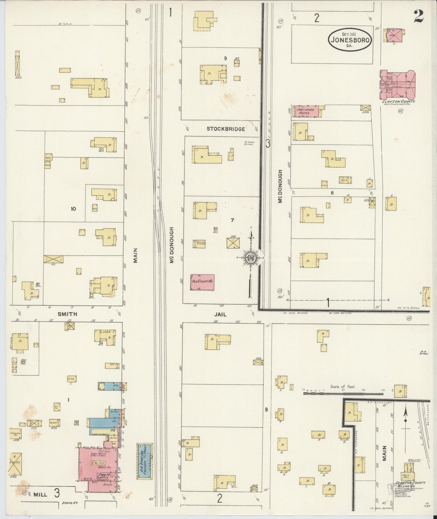 Sanborn Fire Insurance Map from Jonesboro, Clayton County, Georgia (1911), Sheet #0002 - Historic Sanborn Fire Insurance Map Print, vintage old map wall art, antique decor, genealogy gift, Georgia Georgia map