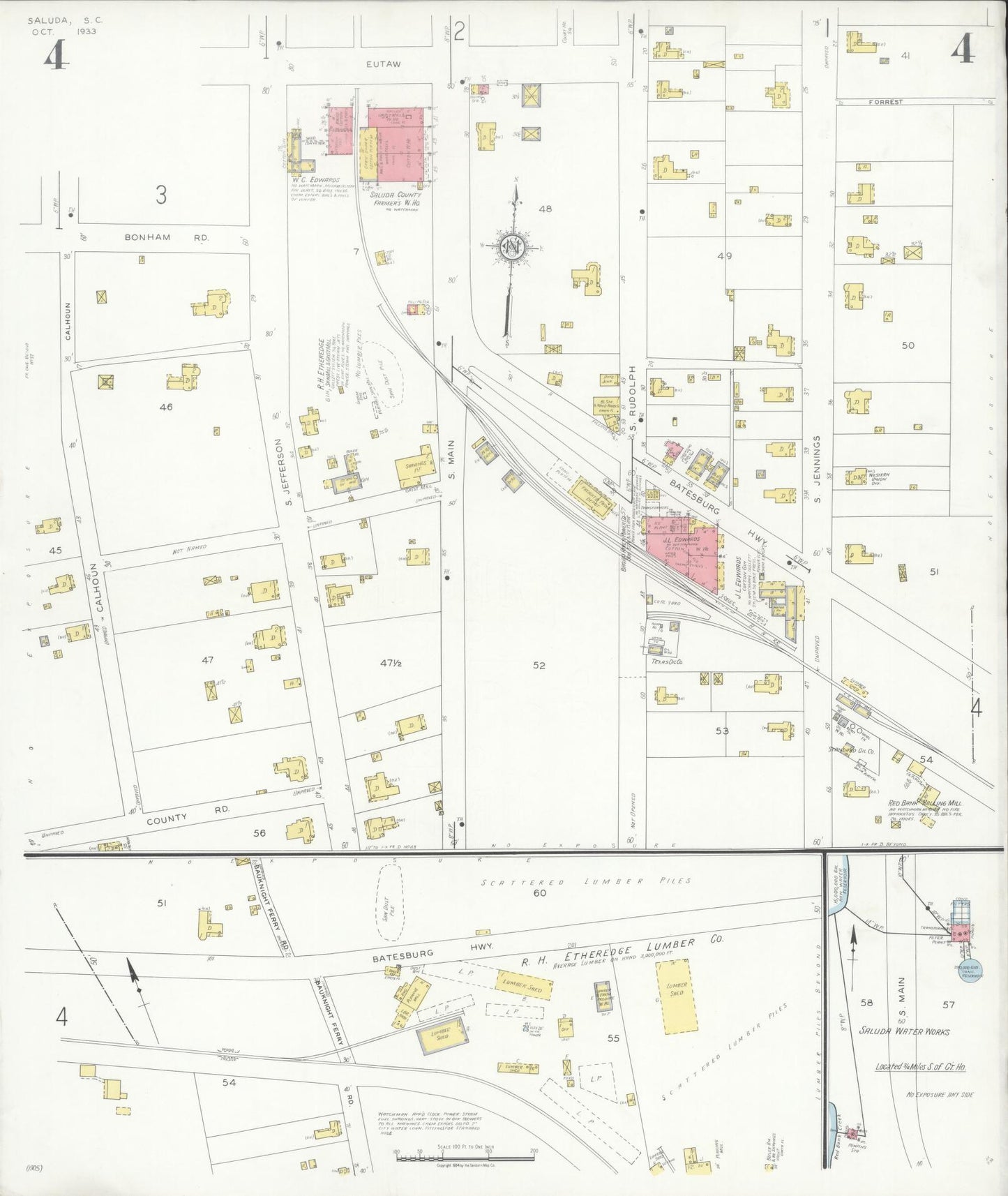 Sanborn Fire Insurance Map from Saluda, Saluda County, South Carolina (1933), Sheet #0004 - Complete Map Set gallery image, historic Sanborn map, vintage wall art, South Carolina South Carolina