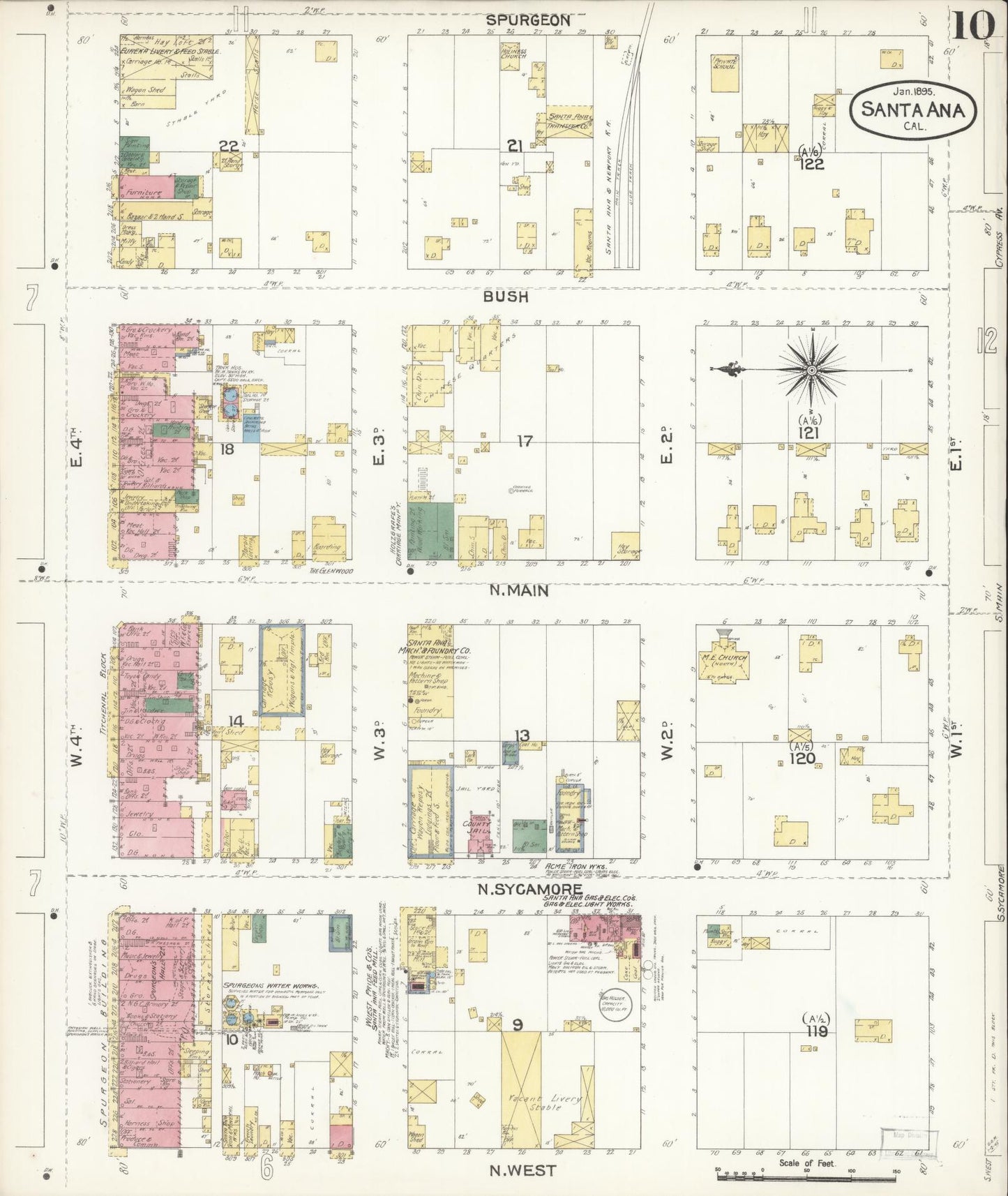 Sanborn Fire Insurance Map from Santa Ana, Orange County, California (1895), Sheet #0010 - Complete Map Set gallery image, historic Sanborn map, vintage wall art, California California