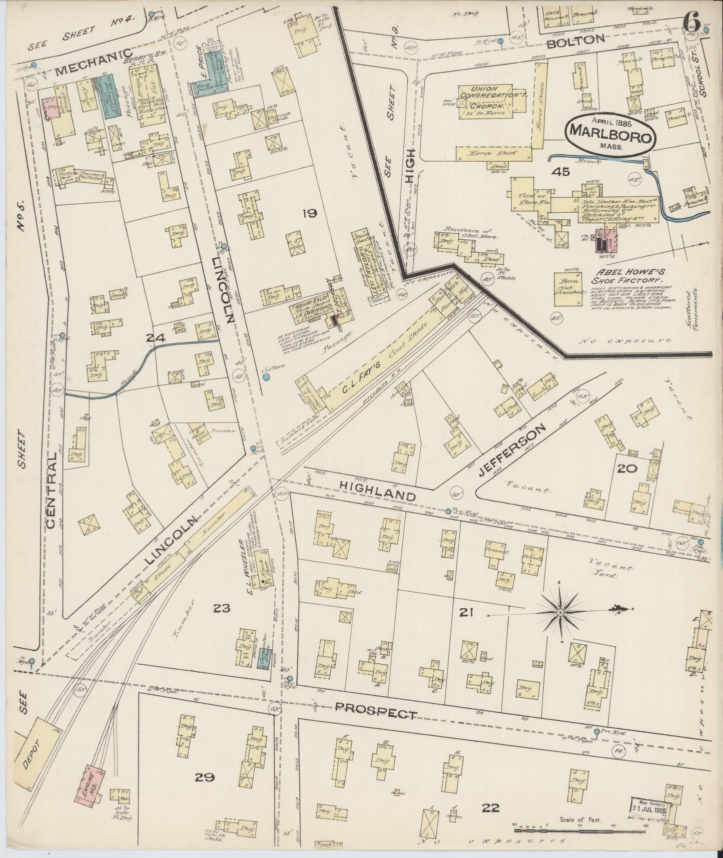 Sanborn Fire Insurance Map from Marlborough, Middlesex County, Massachusetts (1885), Sheet #0006 - Historic Sanborn Fire Insurance Map Print, vintage old map wall art, antique decor, genealogy gift, Massachusetts Massachusetts map