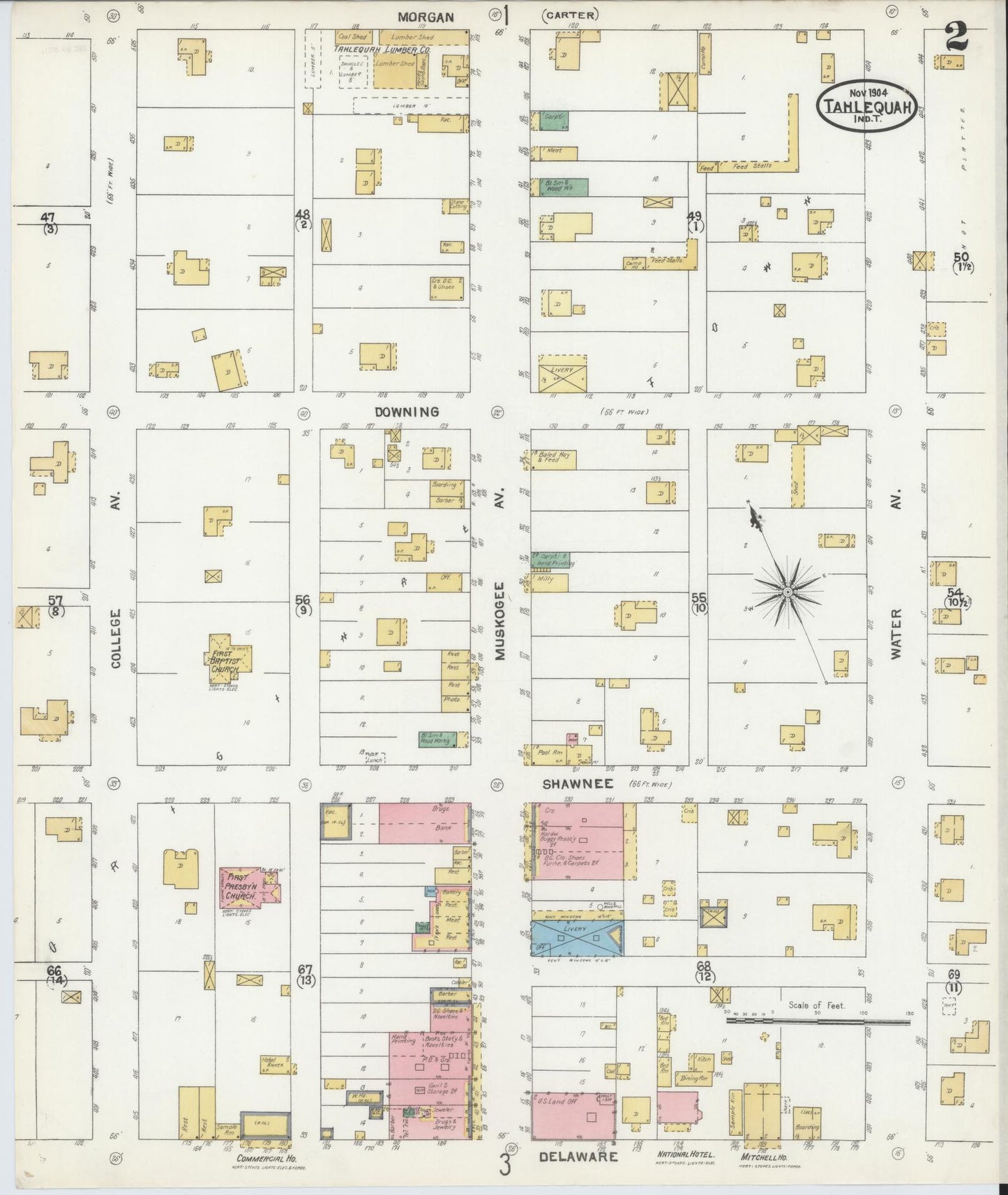 Sanborn Fire Insurance Map from Tahlequah, Cherokee County, Oklahoma (1904), Sheet #0002 - Historic Sanborn Fire Insurance Map Print, vintage old map wall art, antique decor, genealogy gift, Oklahoma Oklahoma map