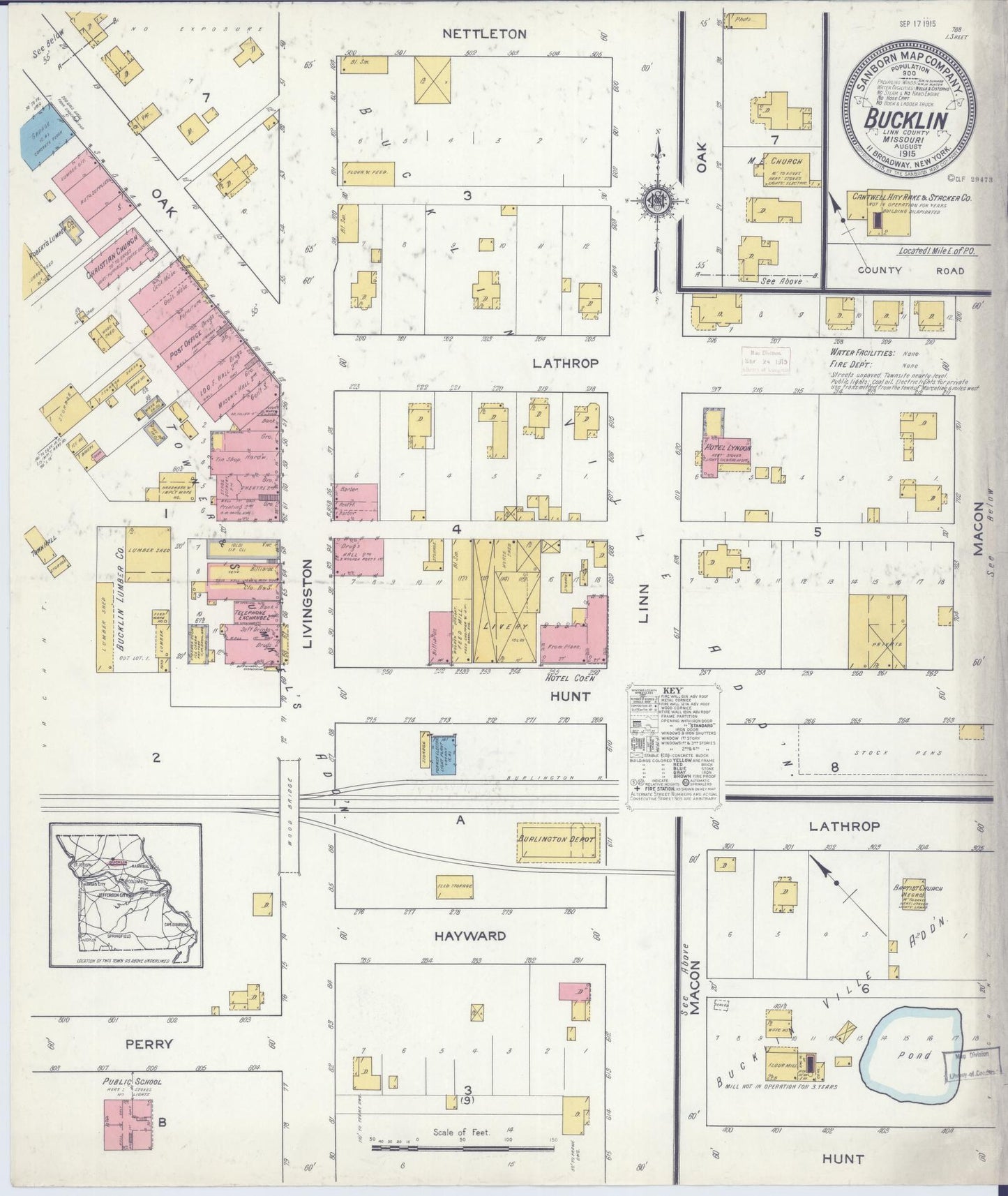 Sanborn Fire Insurance Map from Bucklin, Linn County, Missouri (1915), Sheet #0001 - Historic Sanborn Fire Insurance Map Print, vintage old map wall art, antique decor, genealogy gift, Missouri Missouri map