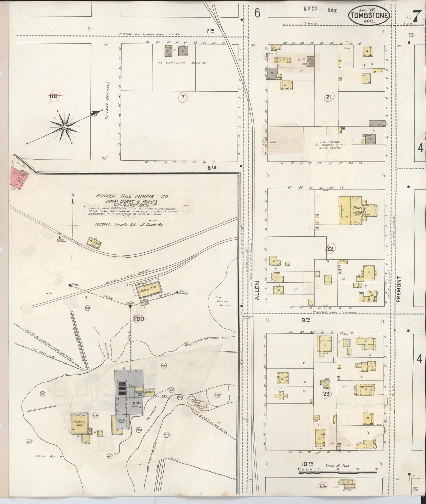 Sanborn Fire Insurance Map from Tombstone, Cochise County, Arizona (1931), Sheet #0007 - Historic Sanborn Fire Insurance Map Print, vintage old map wall art, antique decor, genealogy gift, Arizona Arizona map